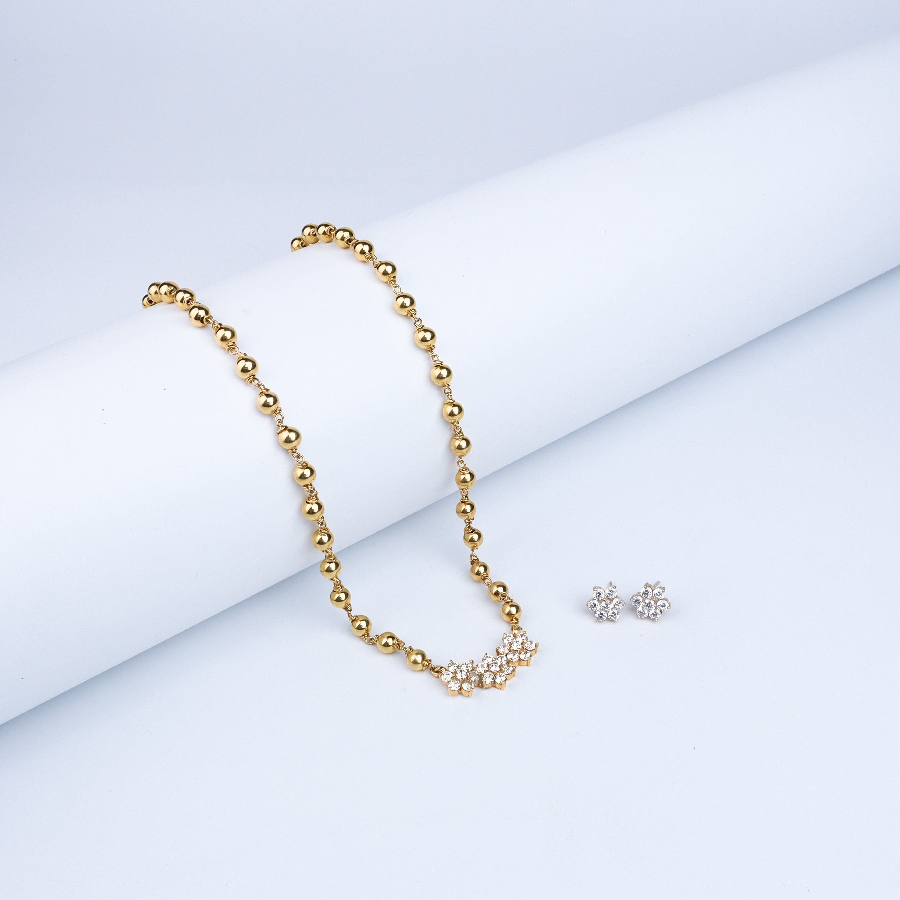 Silver Flower Motif Small Set with Silver Beads | CZ | 92.5 Silver| 22K Gold Plated