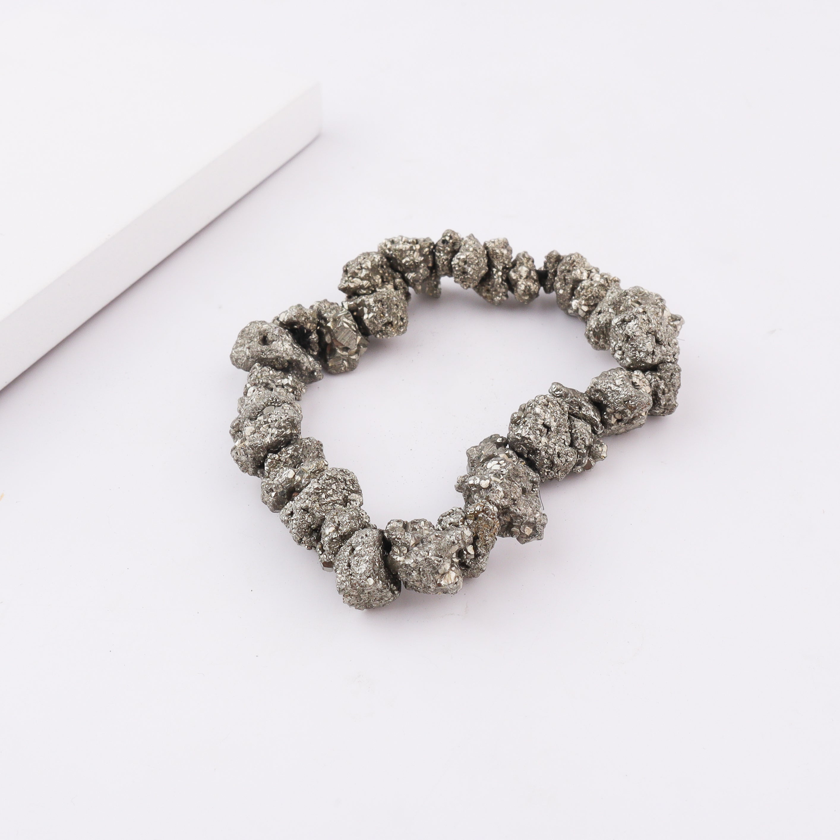 Close-up of silver pyrite bracelet