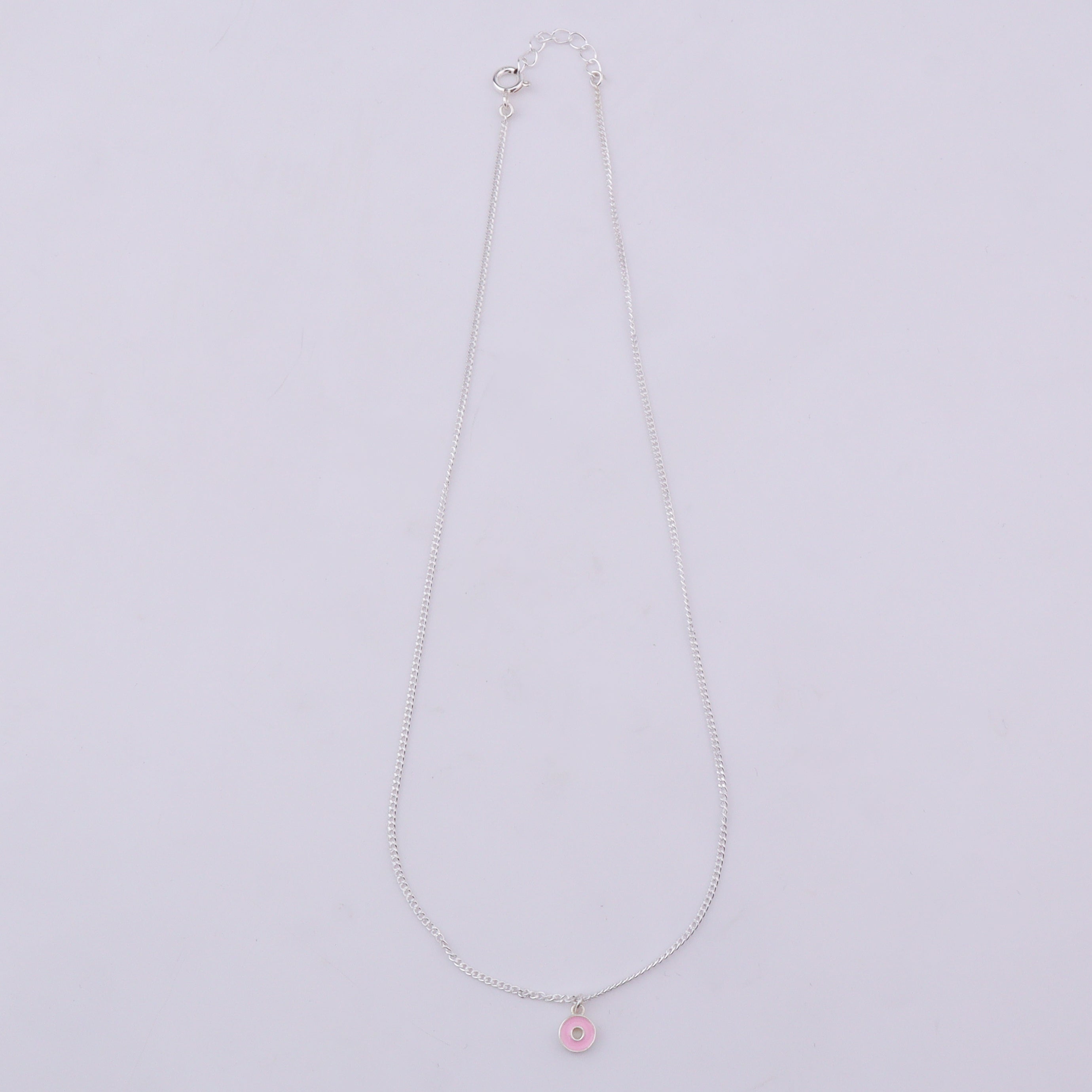 Silver chain with pink enamel donut pendant