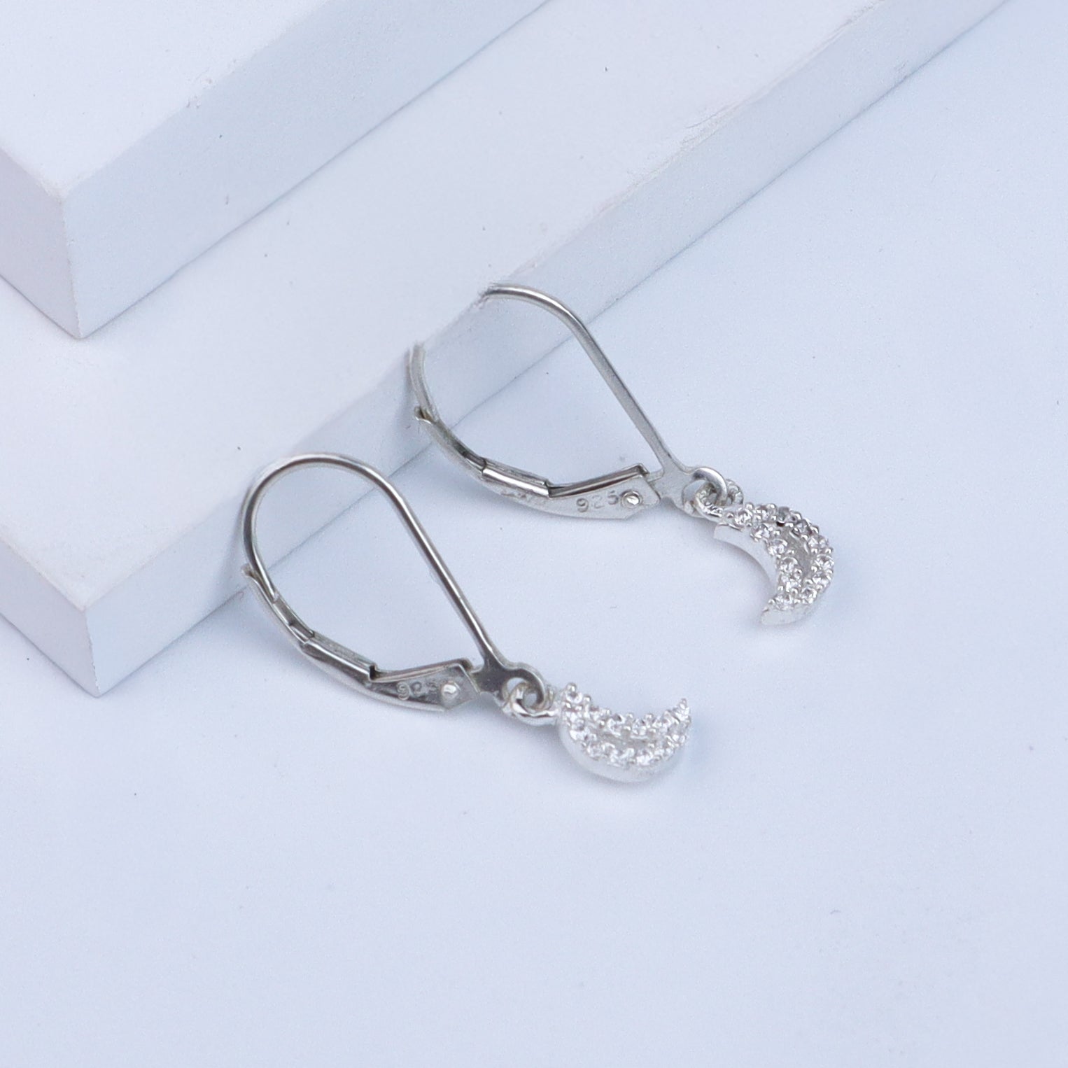Handcrafted silver CZ moon earrings polished finish