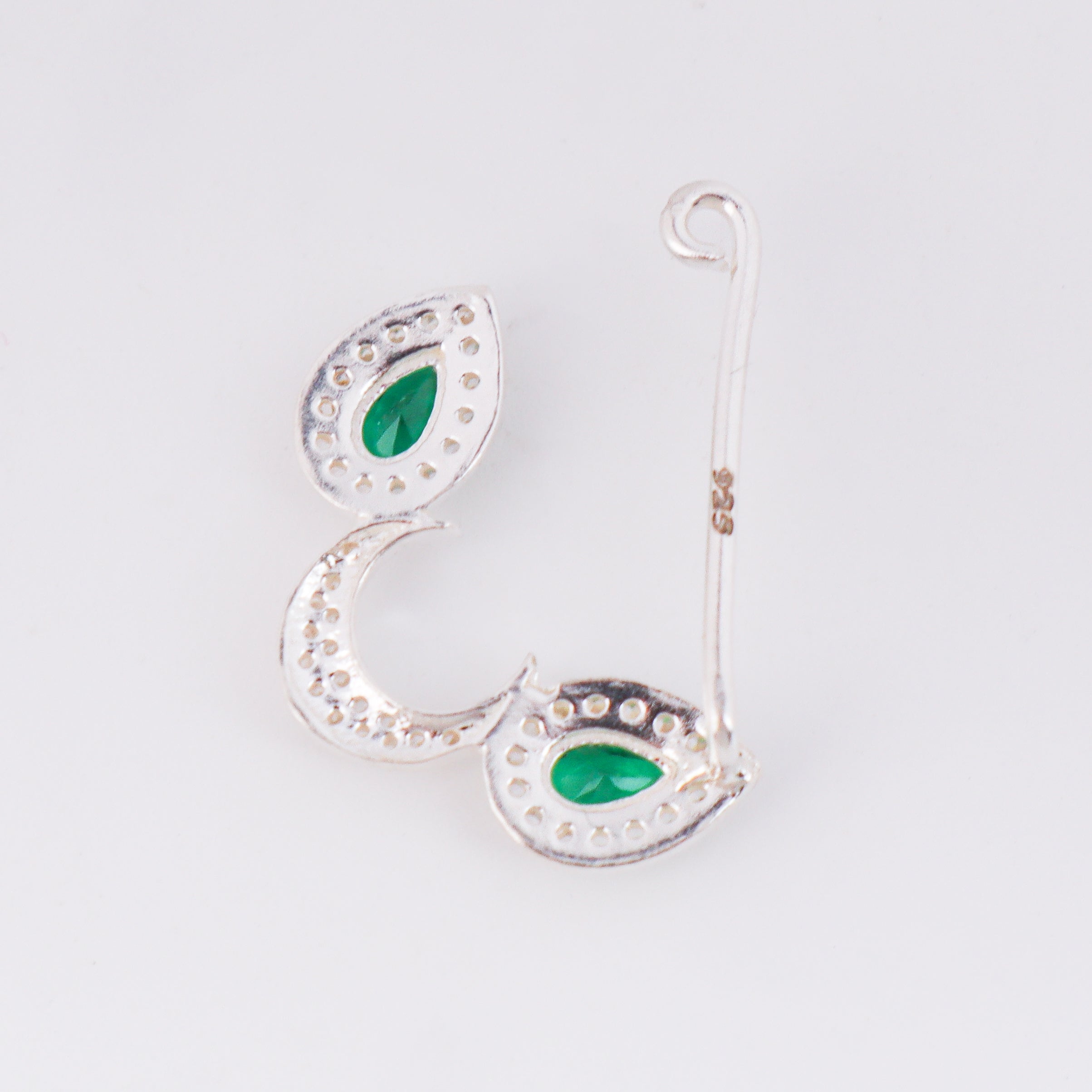 Silver chandrakor green drop nath with cz stones clipon (small)
