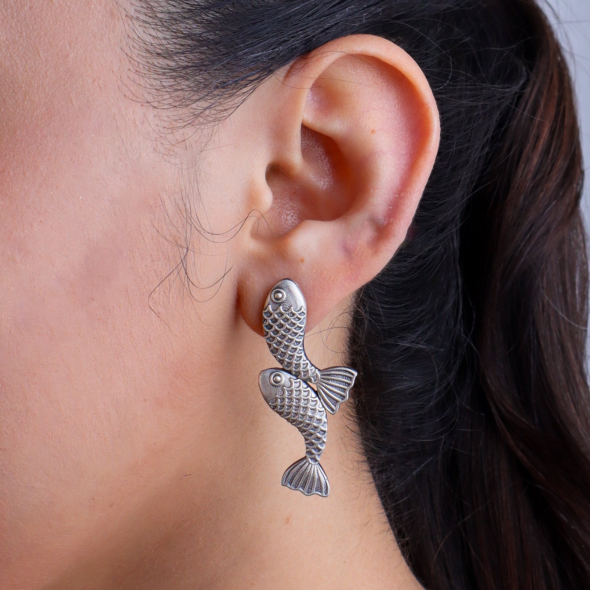 Vintage Matsya Oxidized Silver Earrings