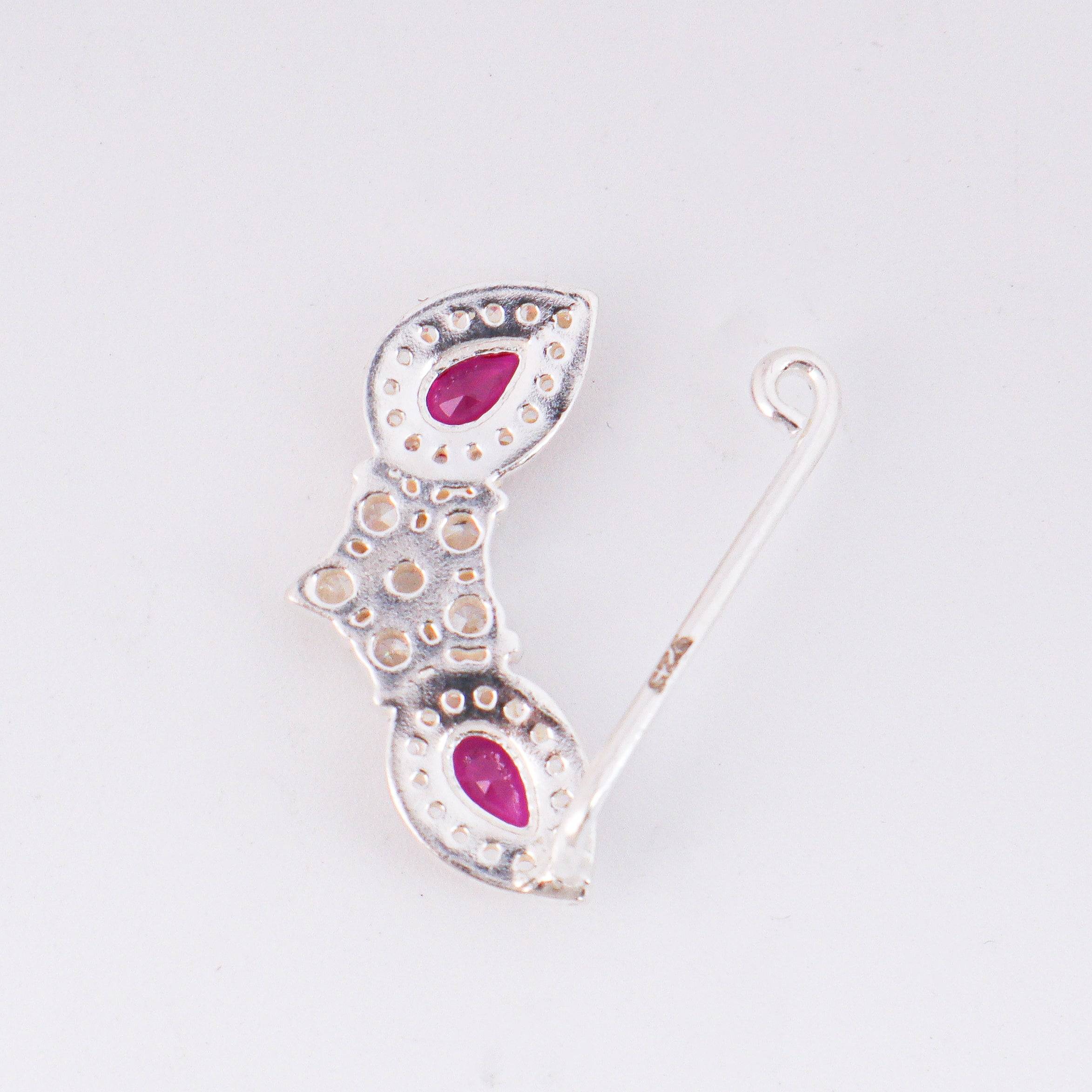 Silver flower pink drop nath with cz stones clipon (Small)