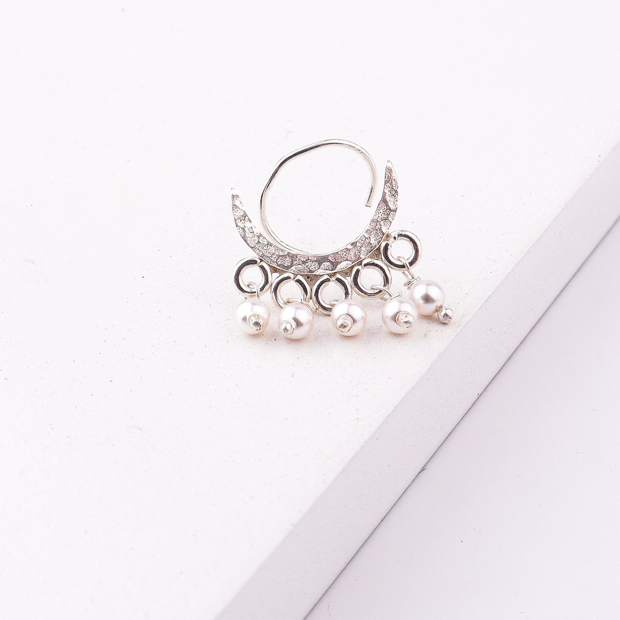 Silver Hammered Chandrakor Pierced Nose Pin (Large)