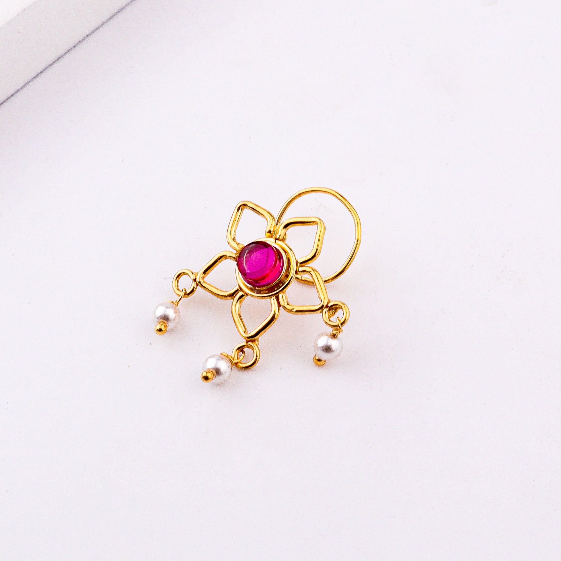 Pink Flower Pierced Nose Pin | 22K Gold-Plated (Large)
