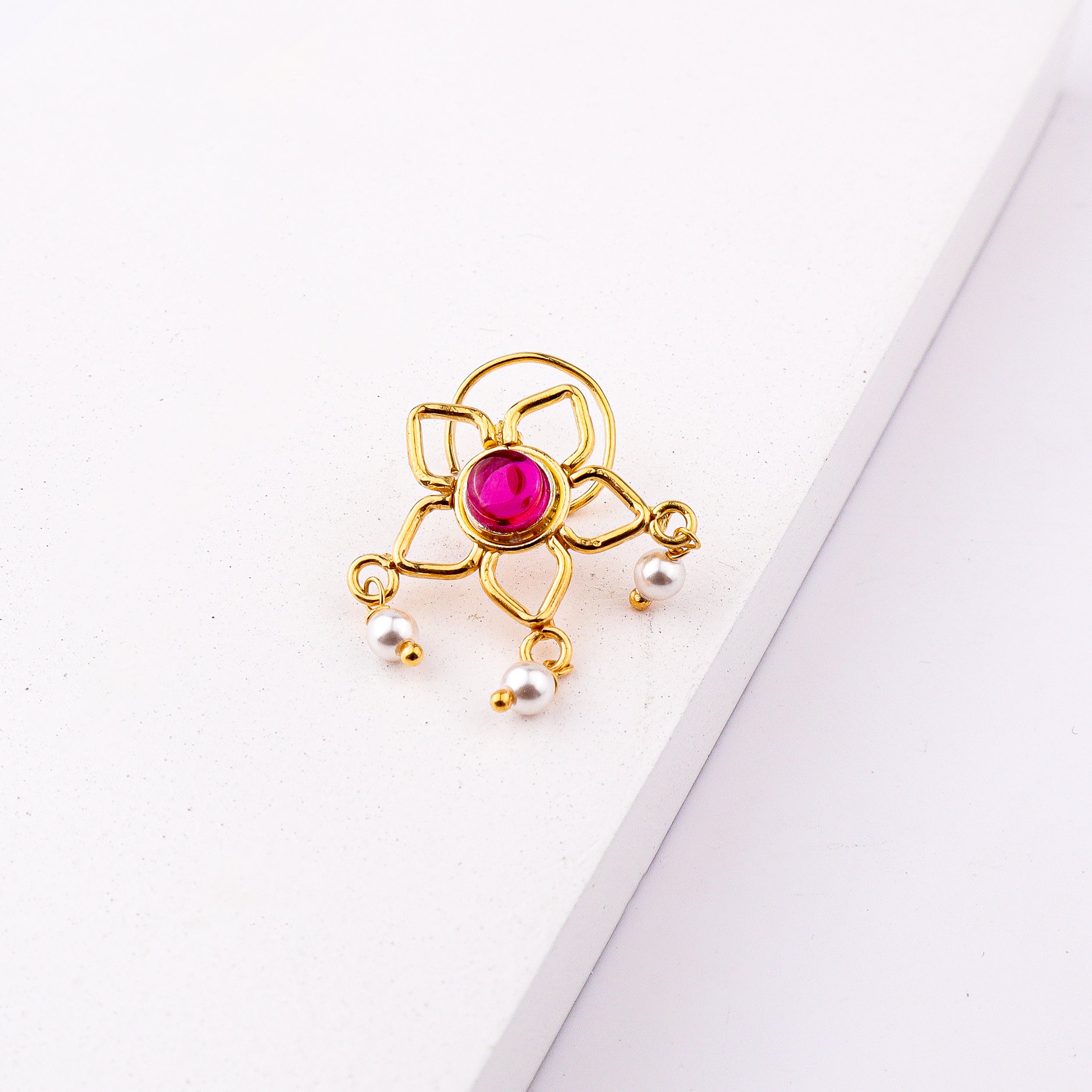 Pink Flower Pierced Nose Pin | 22K Gold-Plated (Large)