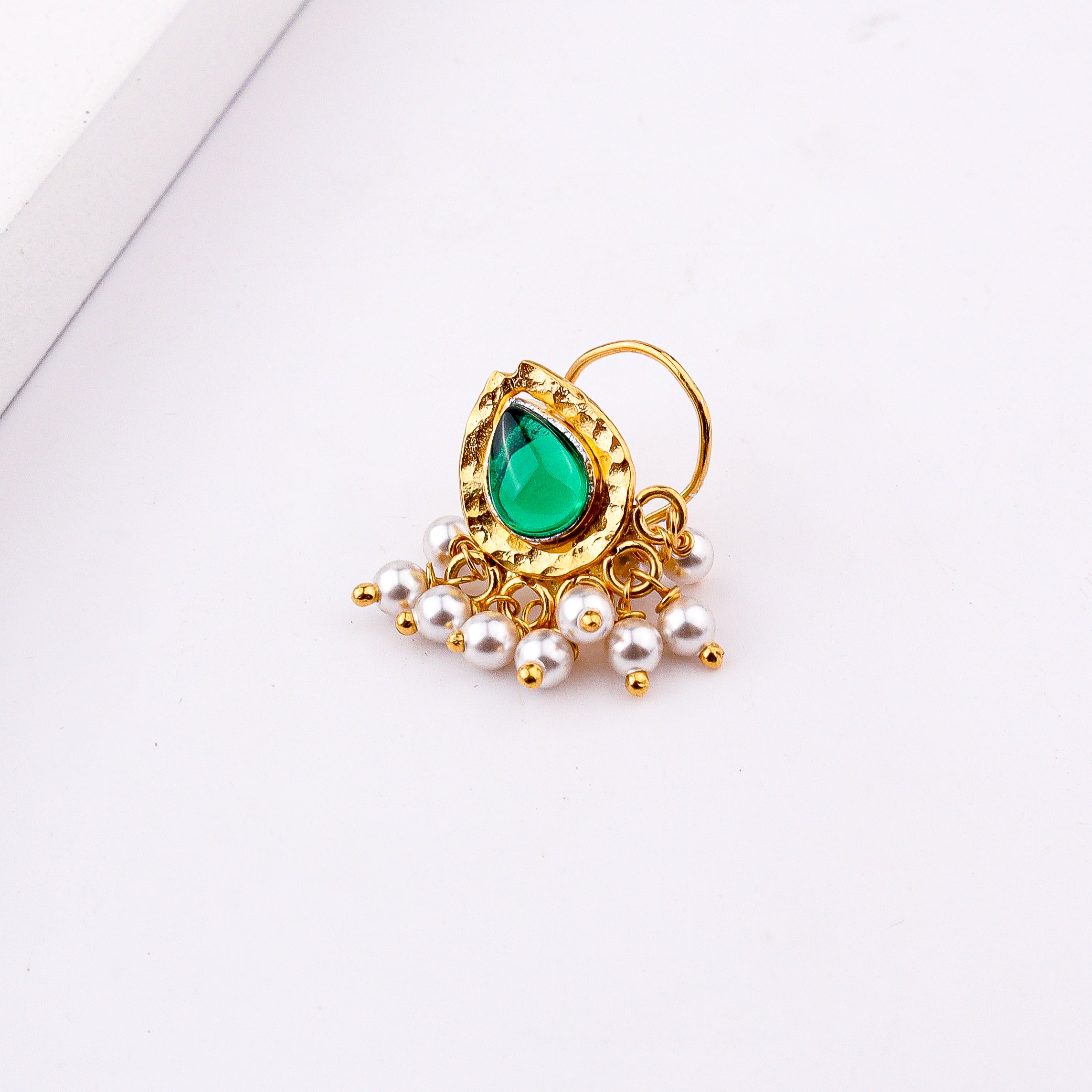 Green Drop Pierced Nose Pin | 22K Gold-Plated (Large)