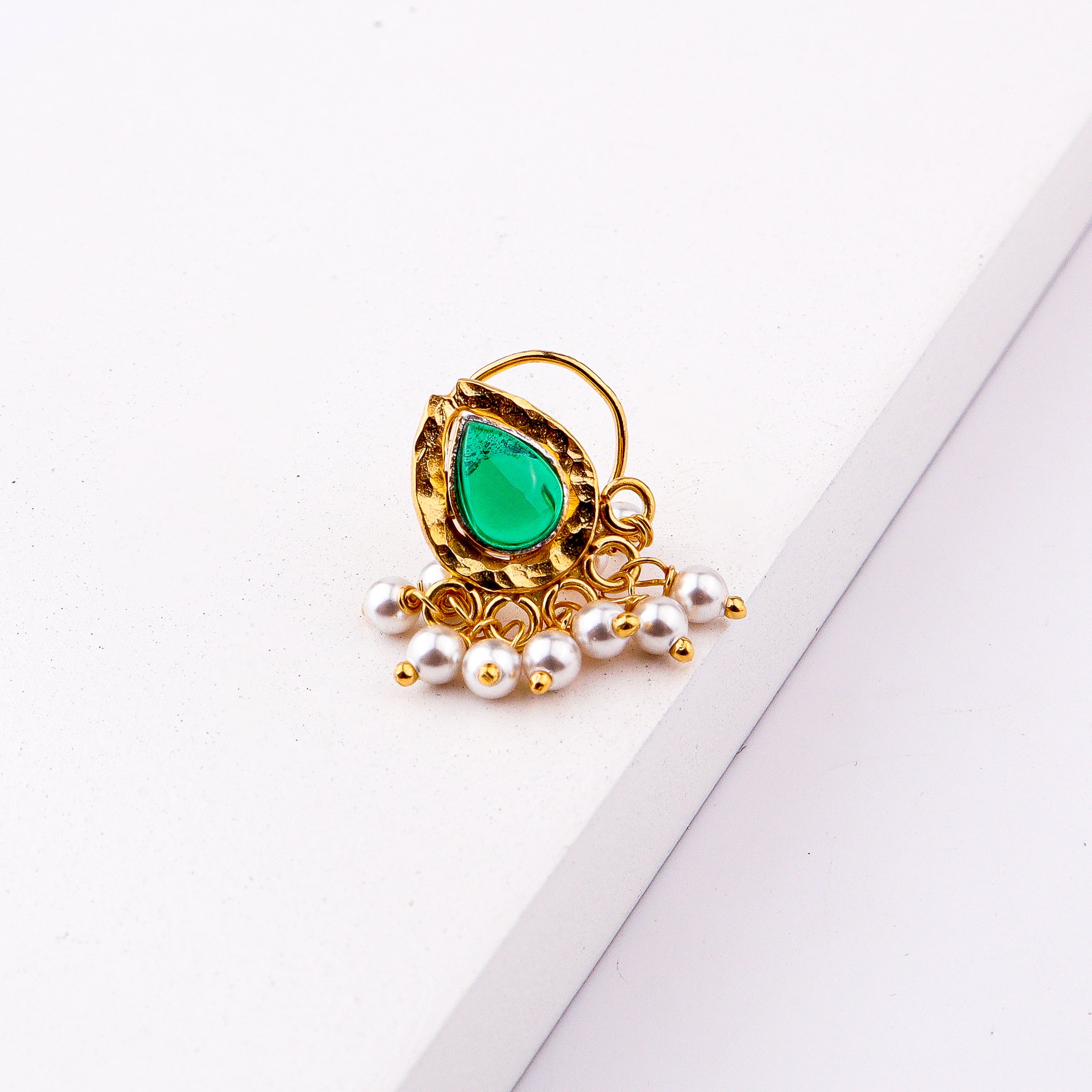 Green Drop Pierced Nose Pin | 22K Gold-Plated (Large)
