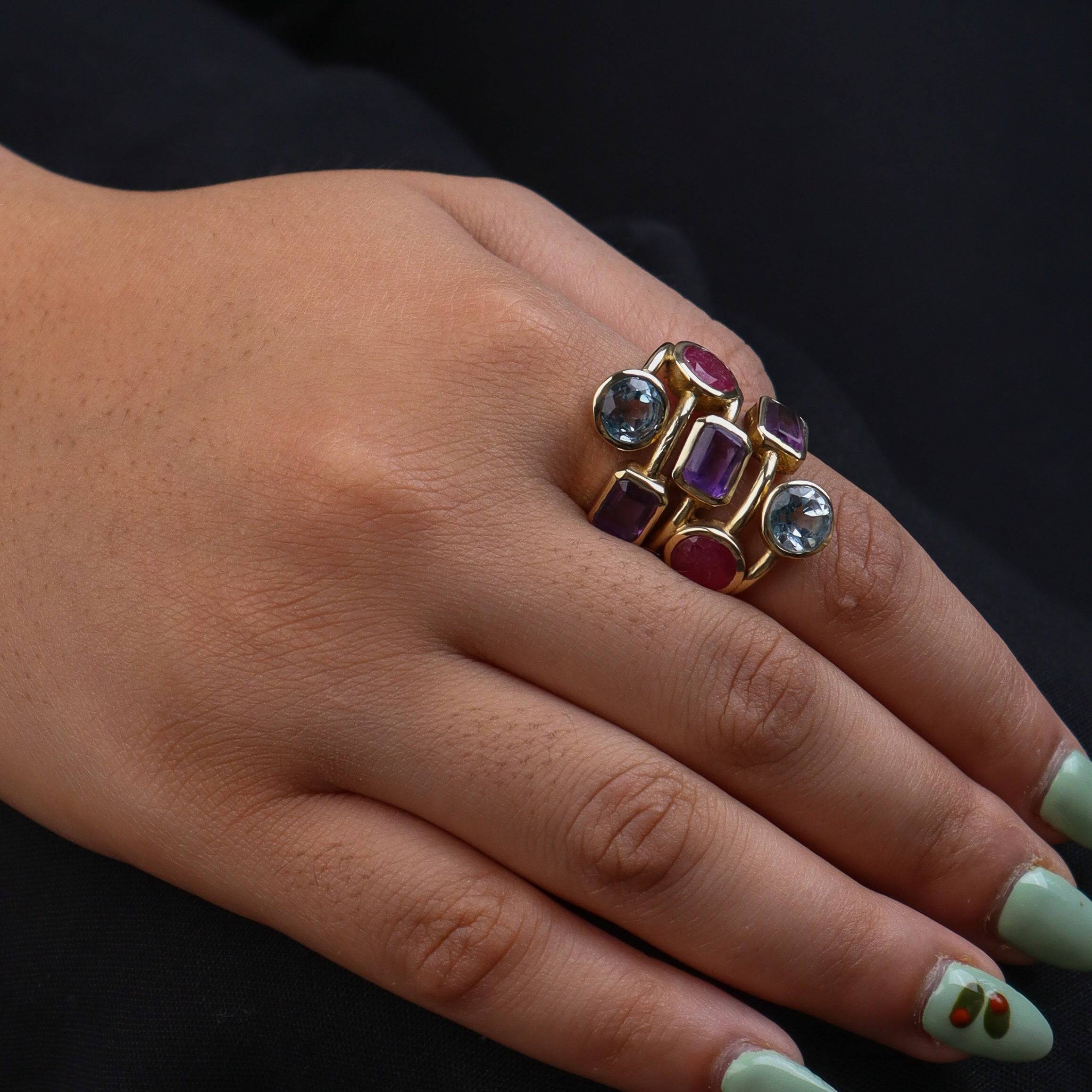 Model wearing a brass fashion ring for a stylish and contemporary fashion jewellery look