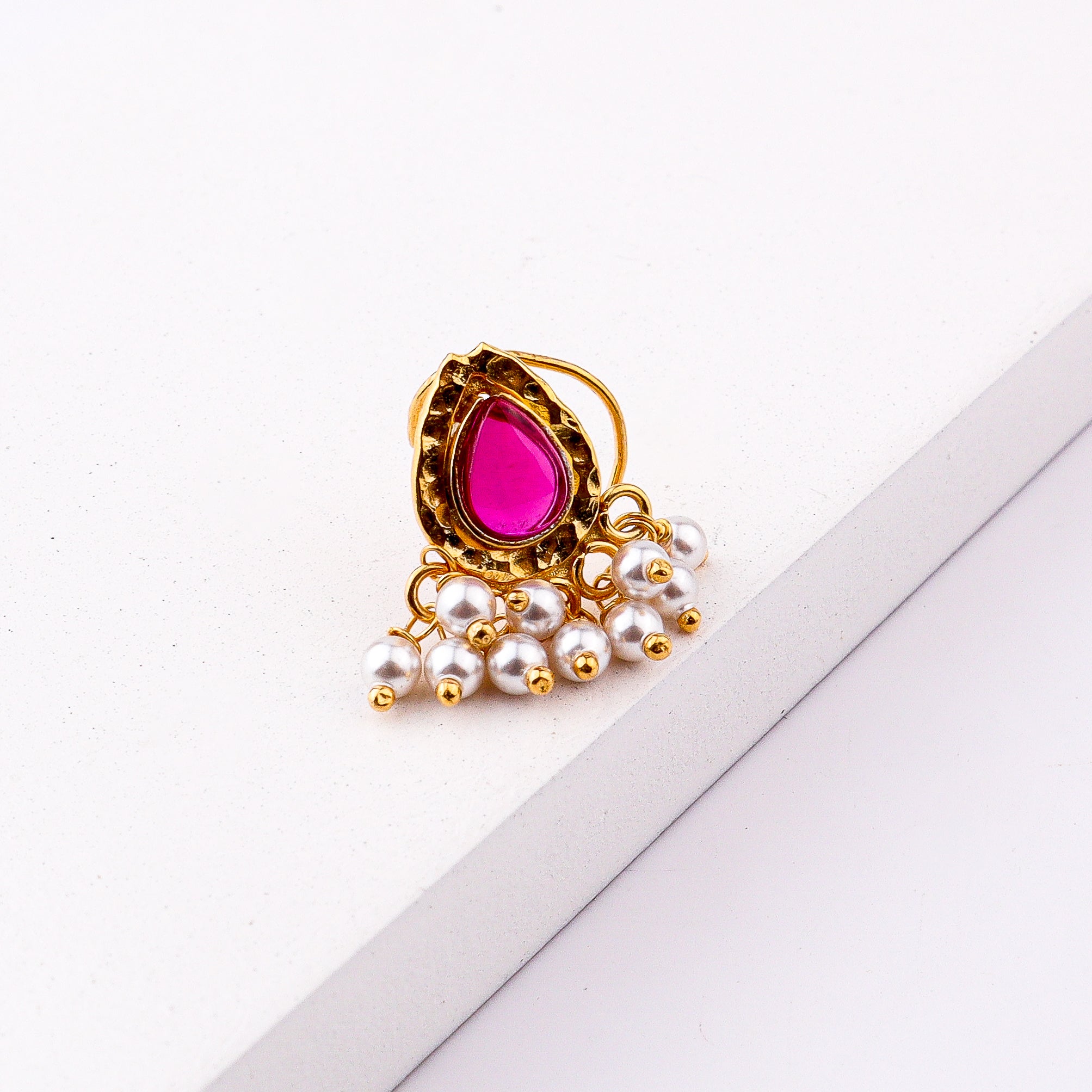 Pink Drop Pierced Nose Pin | 22K Gold-Plated (Large)