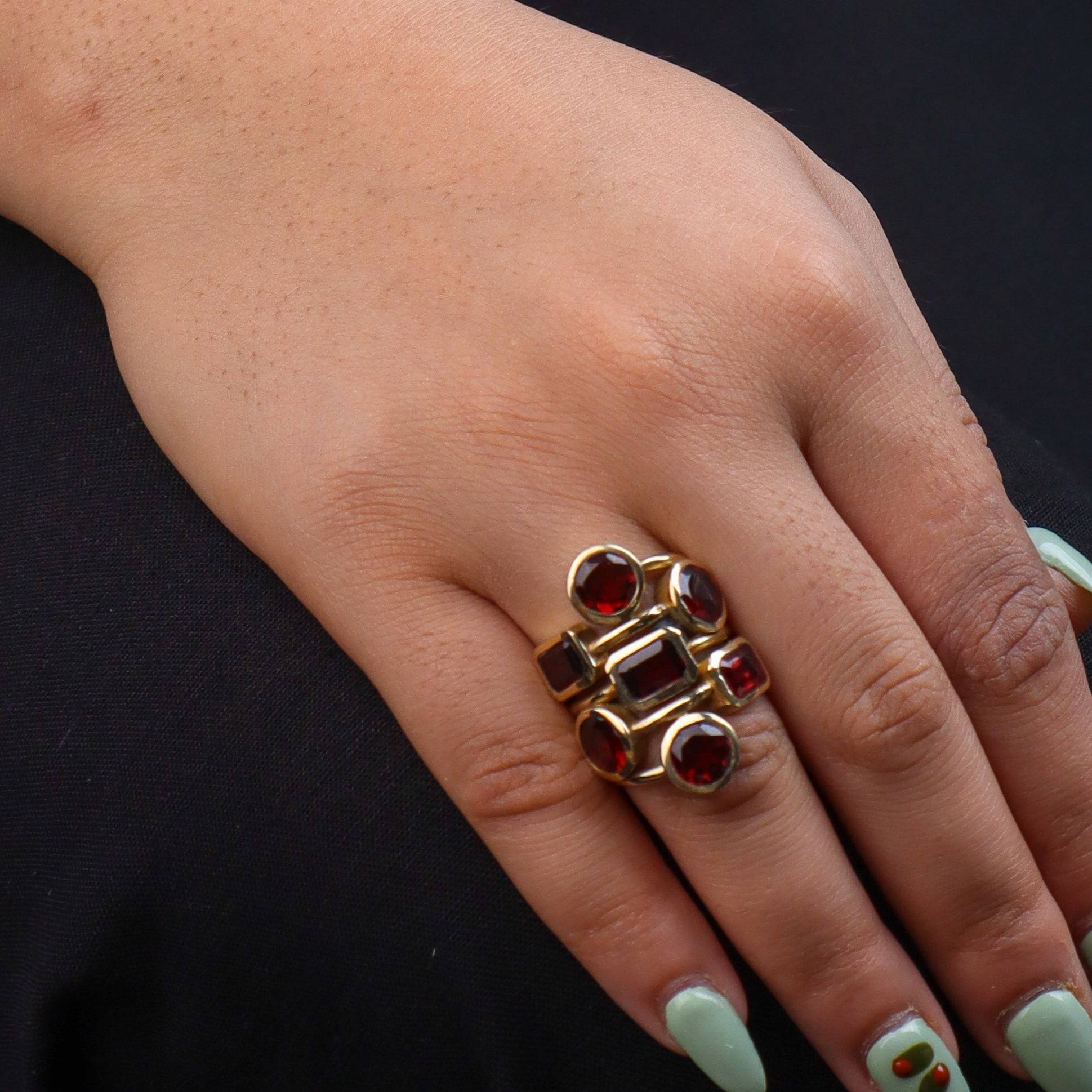 Model wearing a brass fashion ring for a stylish and contemporary fashion jewellery look