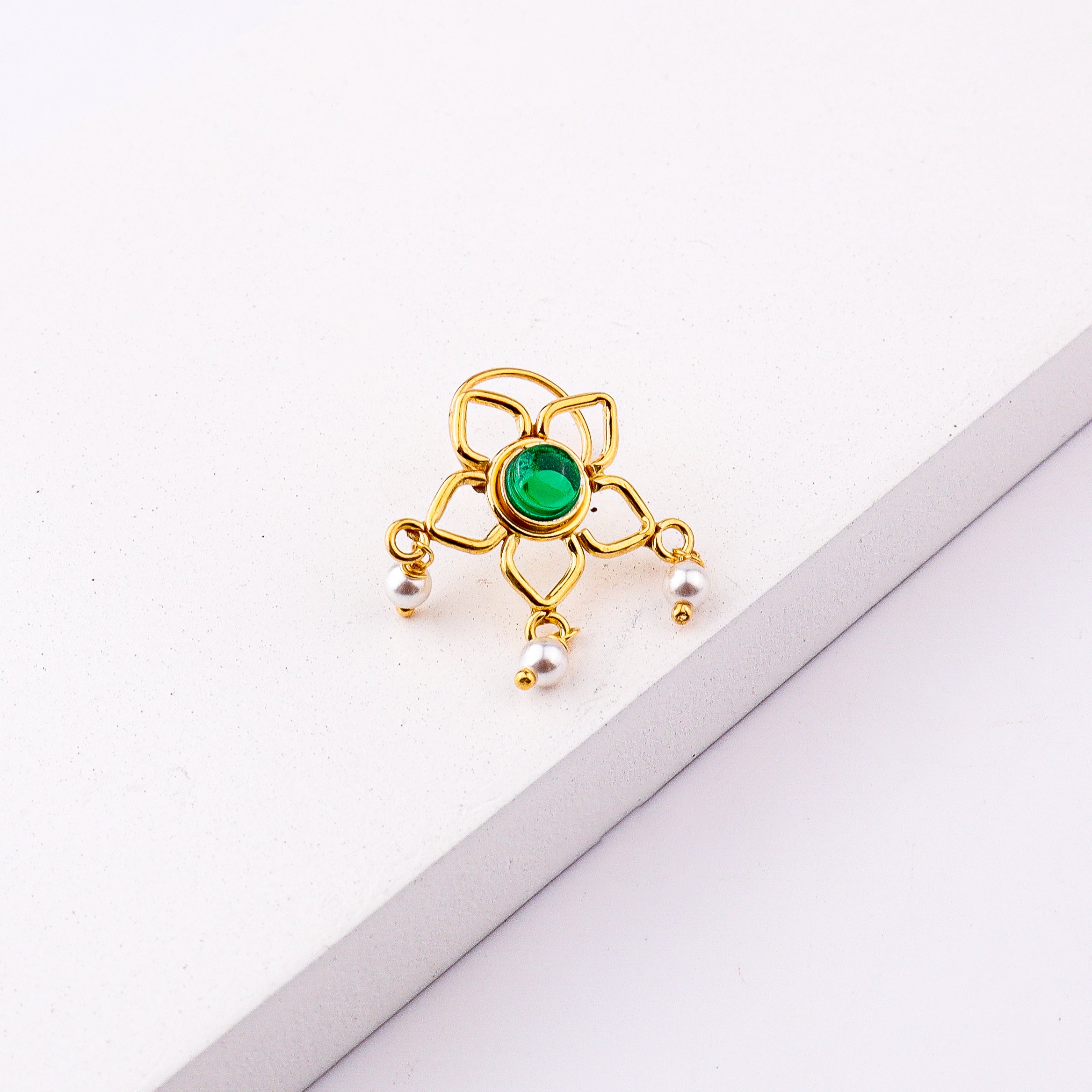 Green Flower Pierced Nose Pin | 22K Gold-Plated (Large)