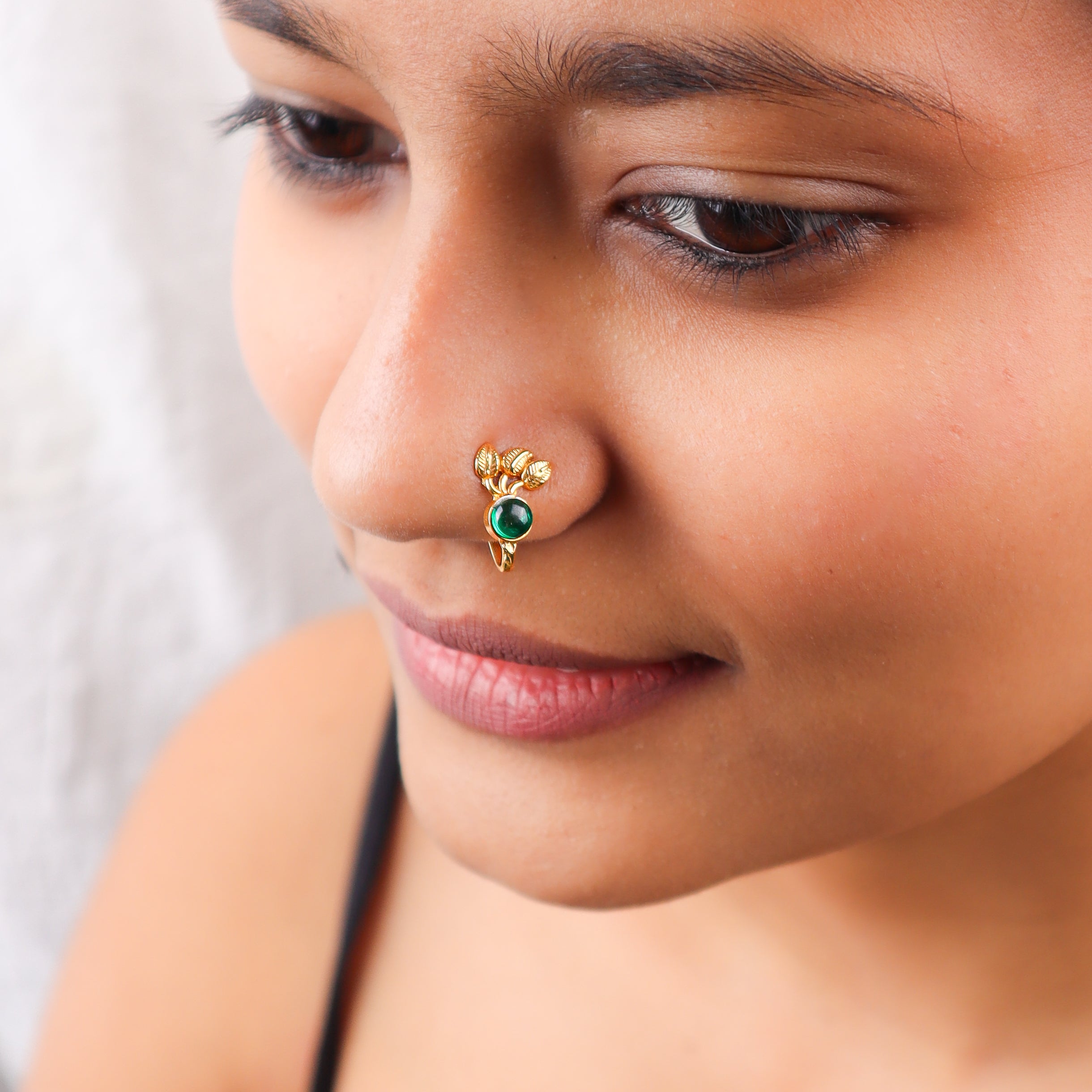 Green Petalfall Clip-On Nose Pin | 22K Gold-Plated (Large)