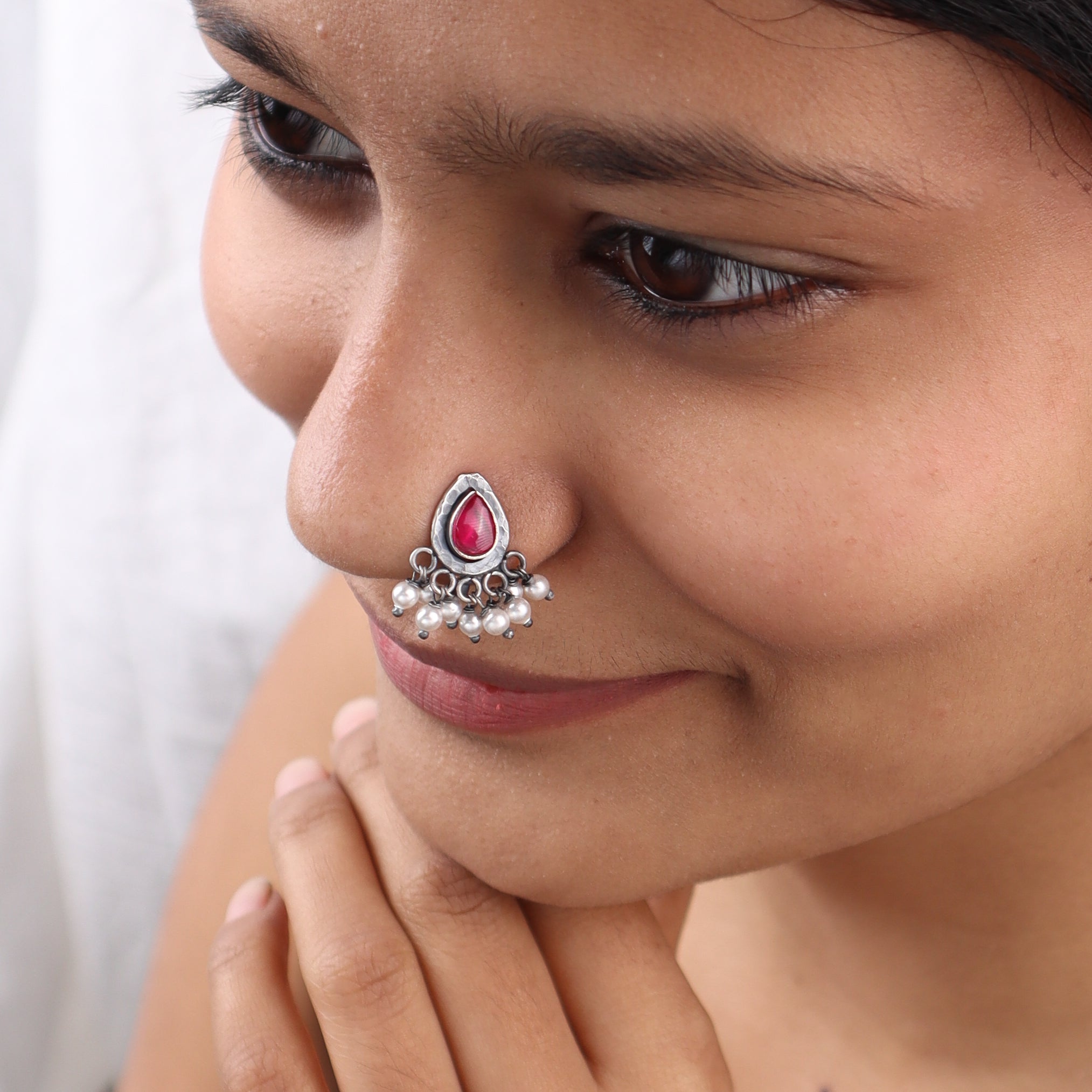 Oxidised Pink Drop Clip-On Nose Pin (Large)