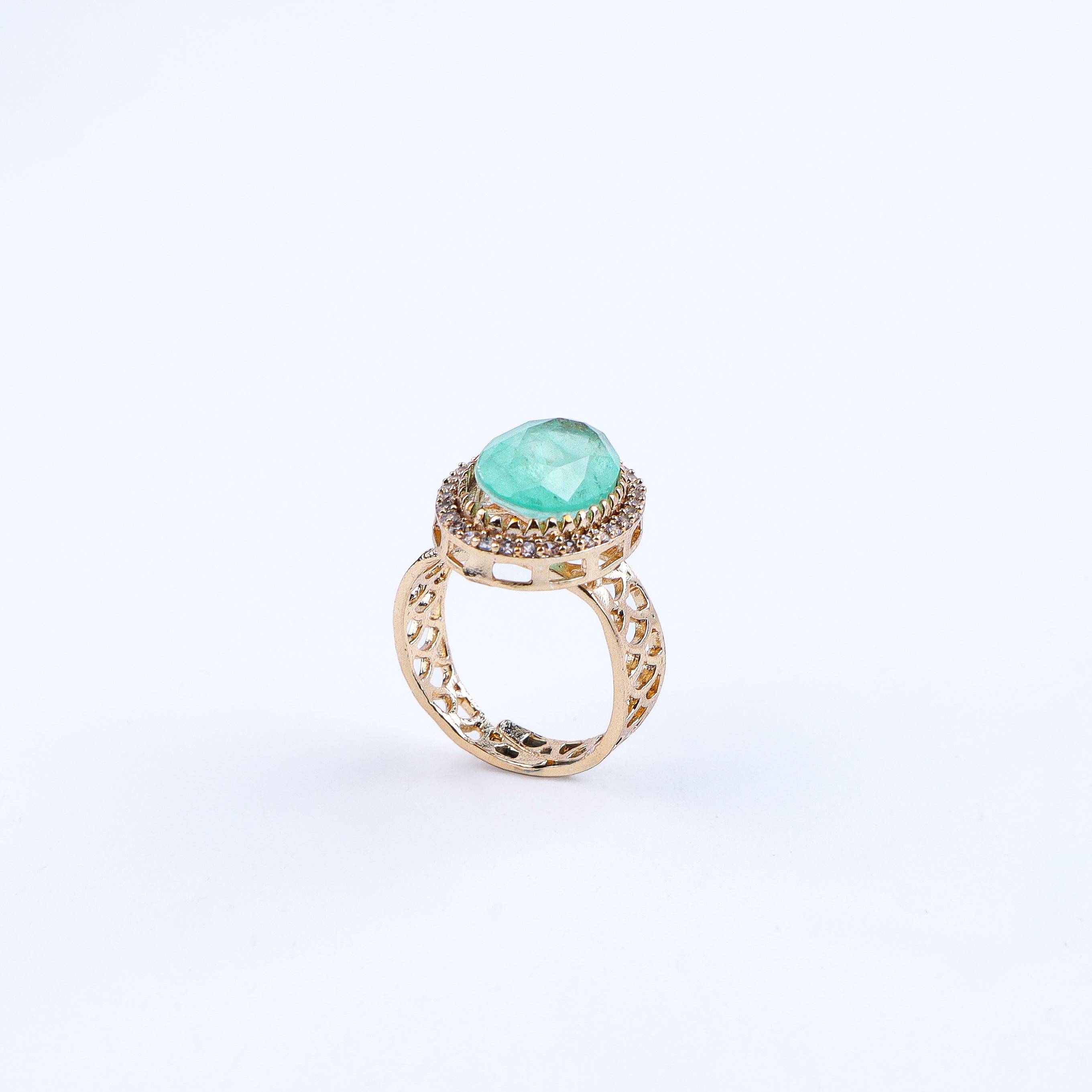 Detailed view of a 22K gold-plated fashion ring highlighting intricate motifs, textured detailing, and premium 22K gold-plated finish