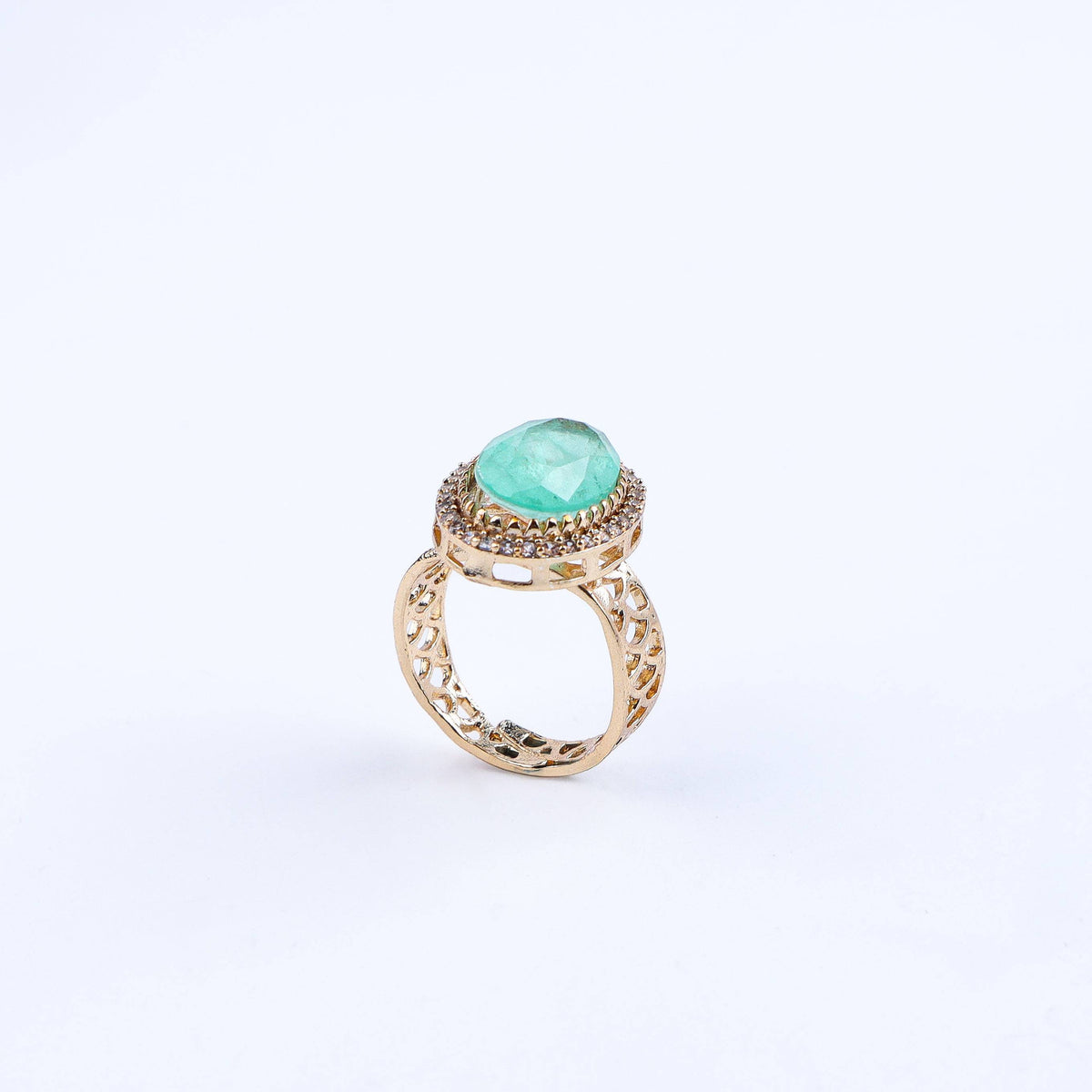 Detailed view of a 22K gold-plated fashion ring highlighting intricate motifs, textured detailing, and premium 22K gold-plated finish
