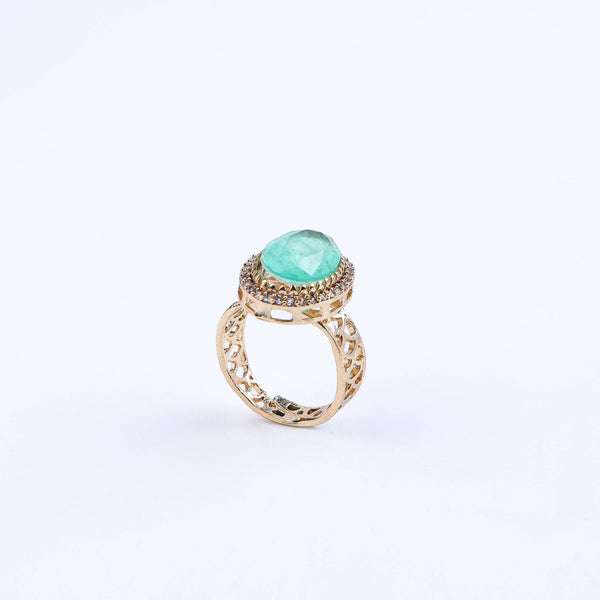 Detailed view of a 22K gold-plated fashion ring highlighting intricate motifs, textured detailing, and premium 22K gold-plated finish
