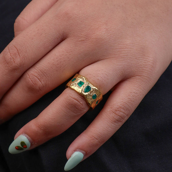 Model wearing a brass fashion ring for a stylish and contemporary fashion jewellery look