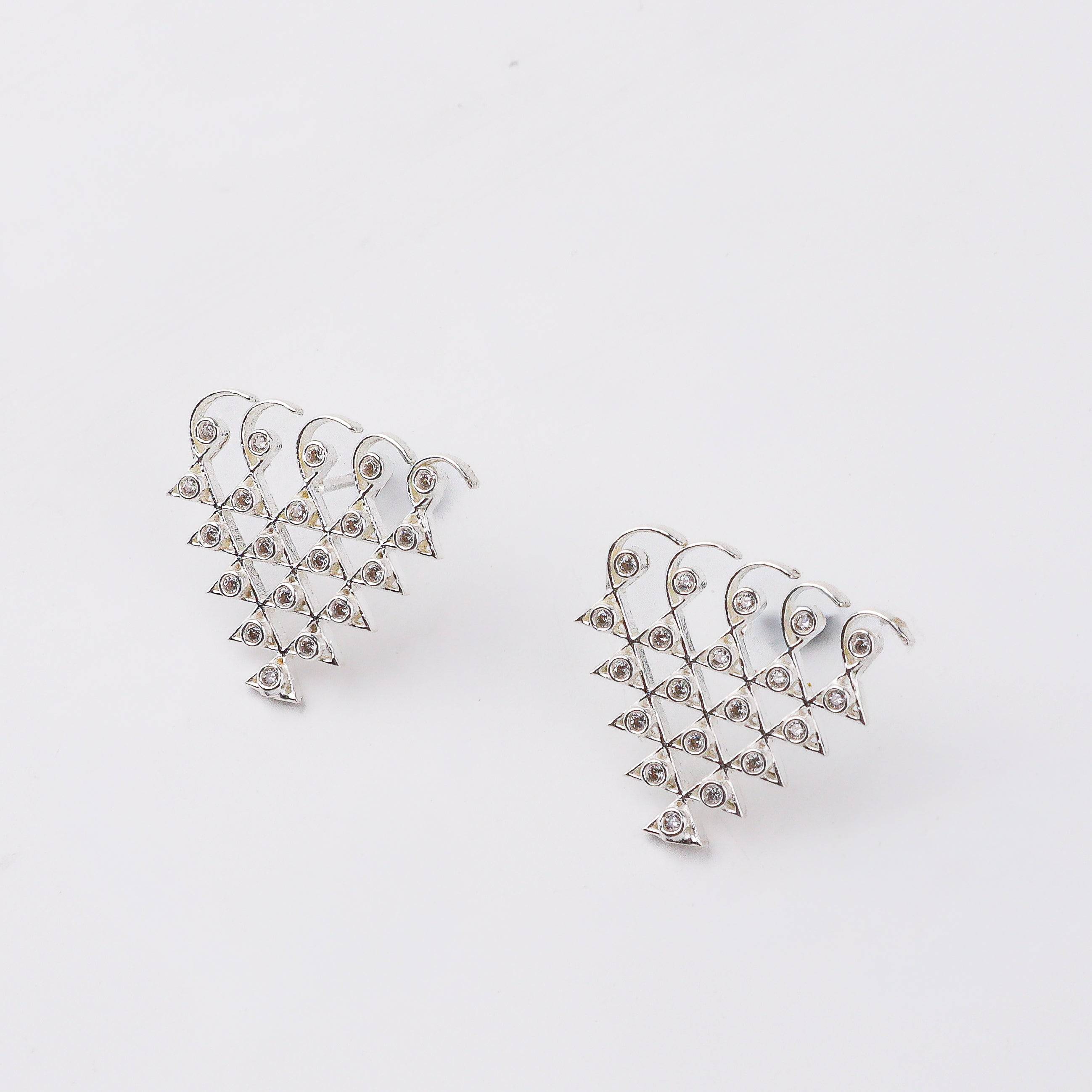 Close-up of Silver CZ Saraswati Earrings with sparkling CZ stones