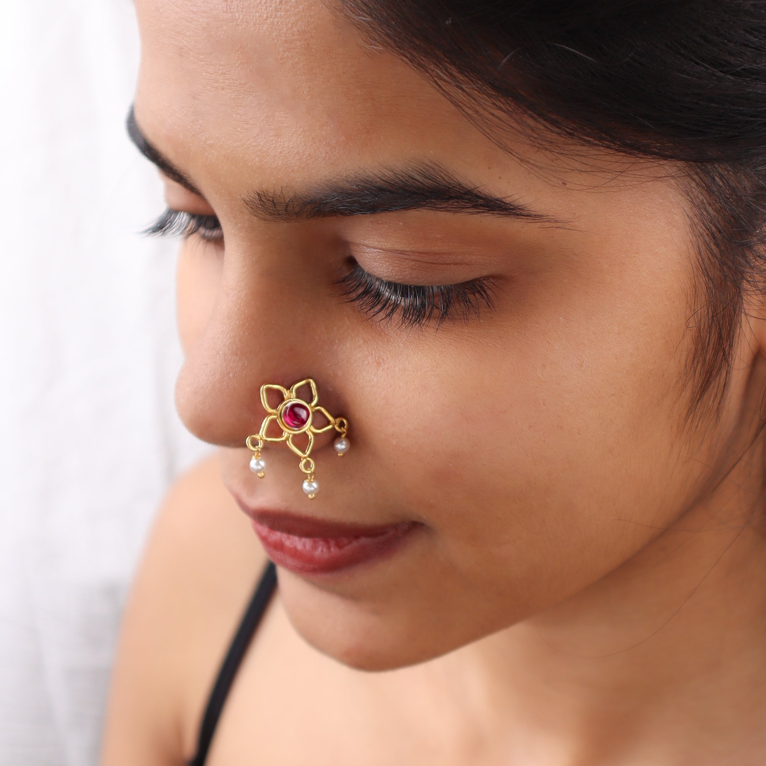 Pink Flower Pierced Nose Pin | 22K Gold-Plated (Large)