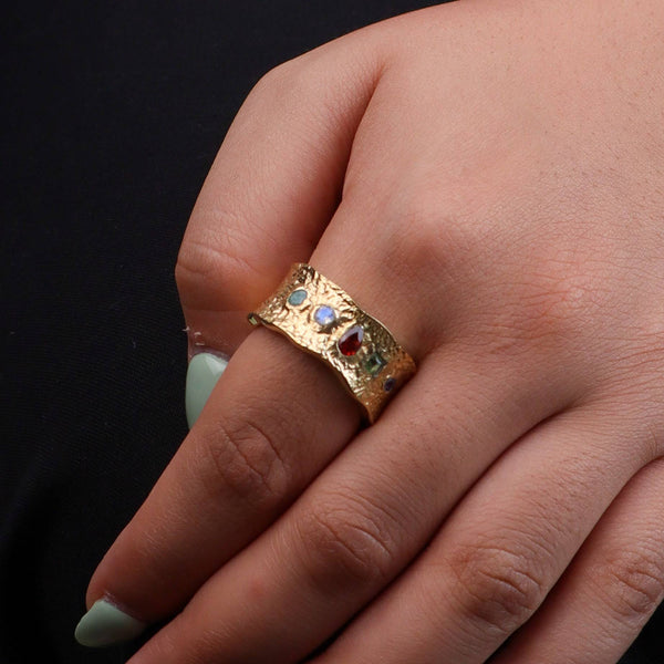 Model wearing a brass fashion ring for a stylish and contemporary fashion jewellery look