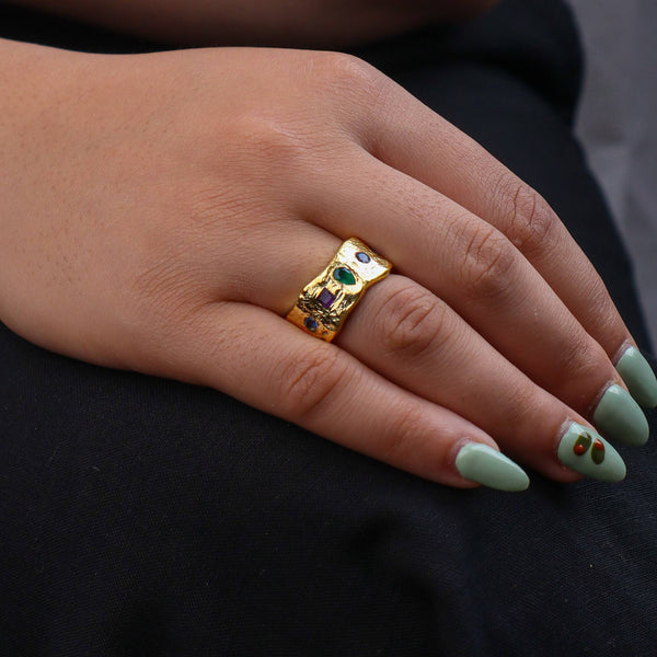 Model wearing a brass fashion ring for a stylish and contemporary fashion jewellery look