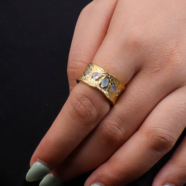 Model wearing a brass fashion ring for a stylish and contemporary fashion jewellery look