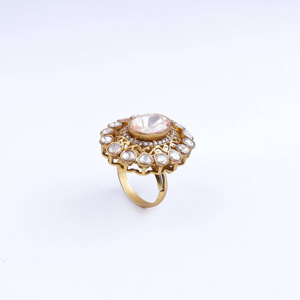Detailed view of a 22K gold-plated fashion ring highlighting intricate motifs, textured detailing, and a premium 22K gold-plated finish