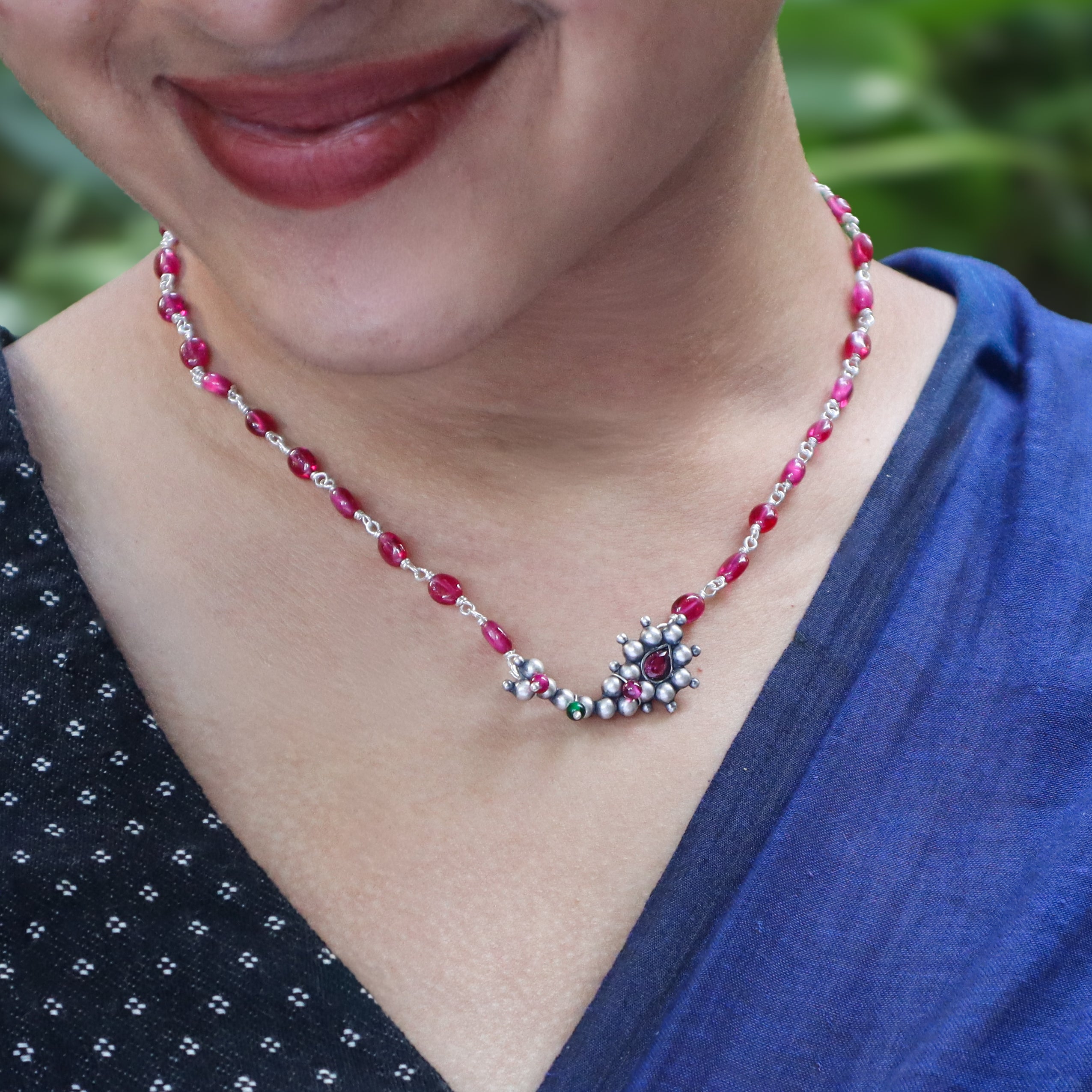 Silver Nath Motif Necklace with Ruby Stones