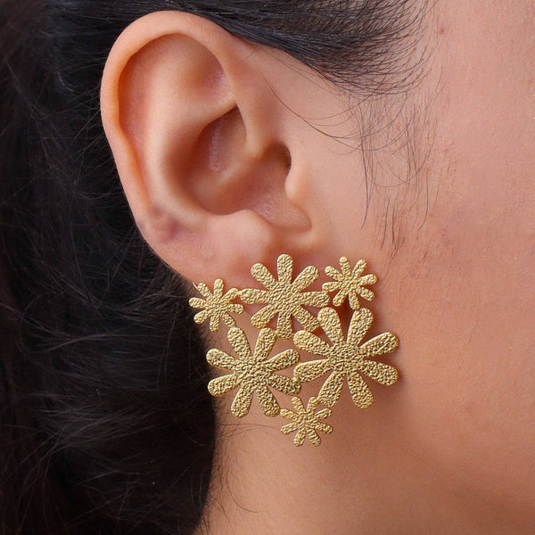 Model wearing Brass Fashion Earrings for a stylish and contemporary fashion jewellery look