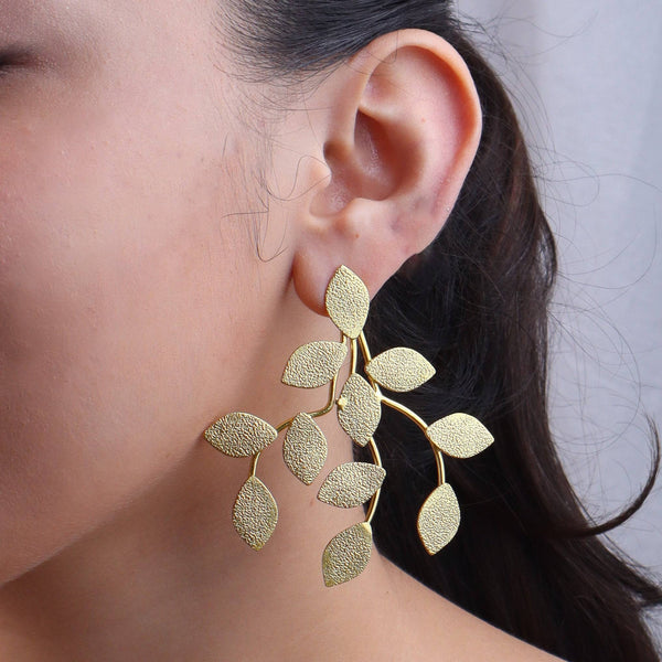 Model wearing Brass Fashion Earrings for a stylish and contemporary fashion jewellery look