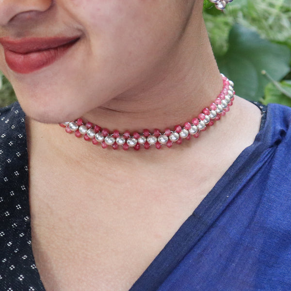 Silver Bead Thushi Set with Cherry Quartz front view