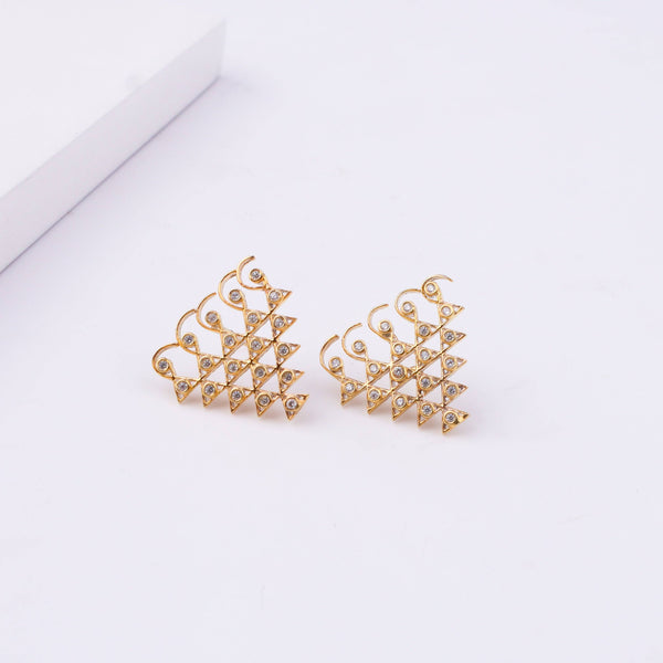 Detailed view of Saraswati Earrings highlighting intricate motifs, fine texture, and polished 22K gold-plated finish