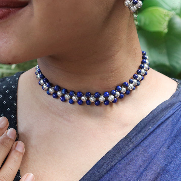Angled view of Silver Bead Thushi Set with Lapis Lazuli