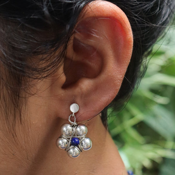 Angled view of Silver Bead Thushi Set with Lapis Lazuli