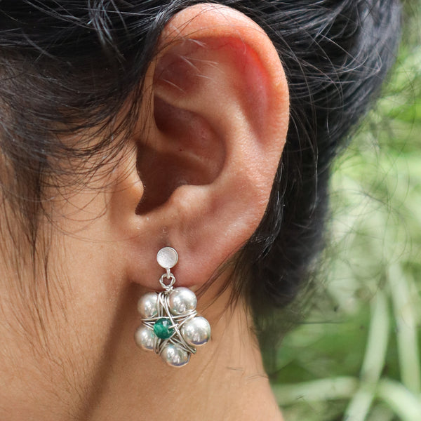Silver Bead Thushi Earrings with Green Onyx