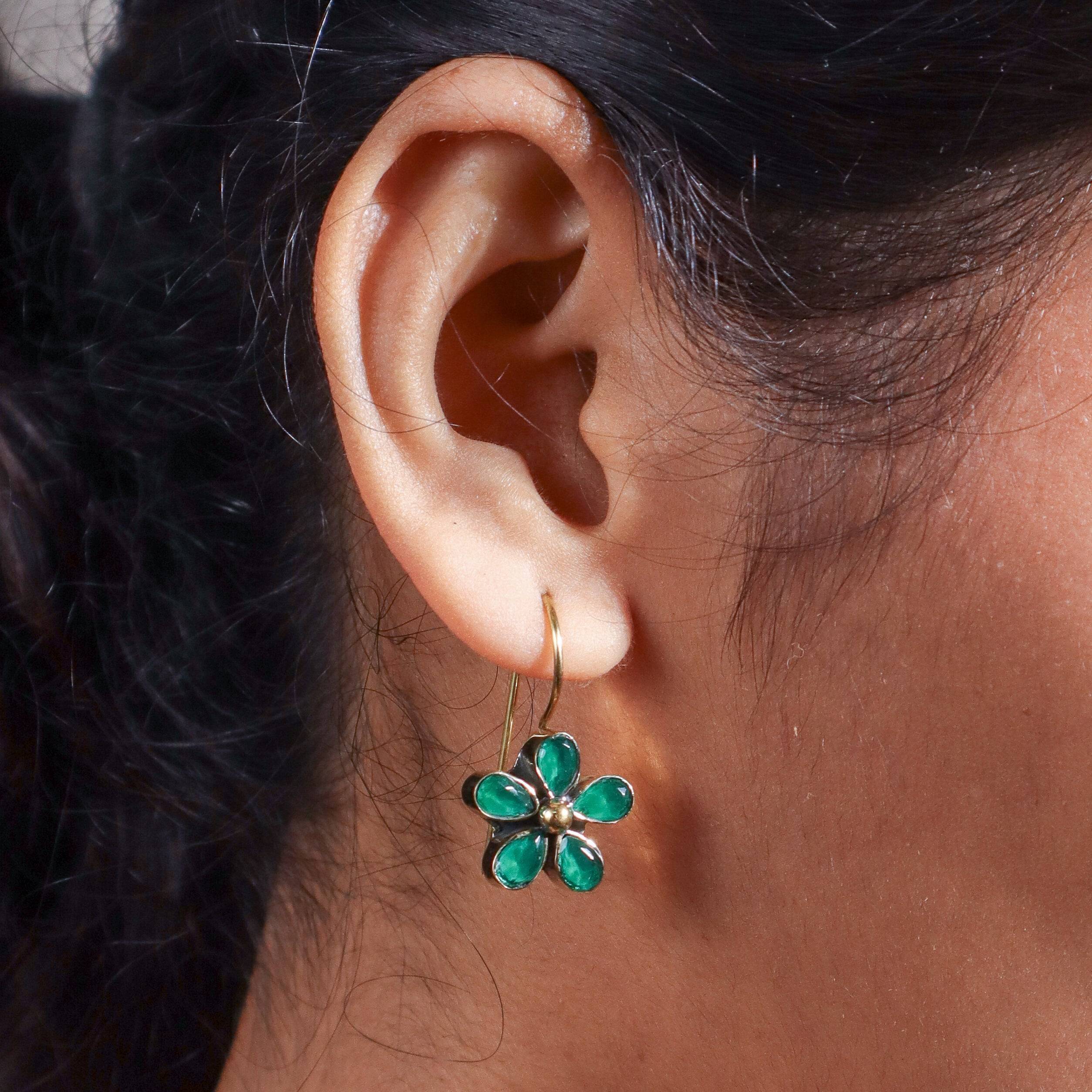 Model wearing Brass Fashion Earrings for a stylish and contemporary fashion jewellery look