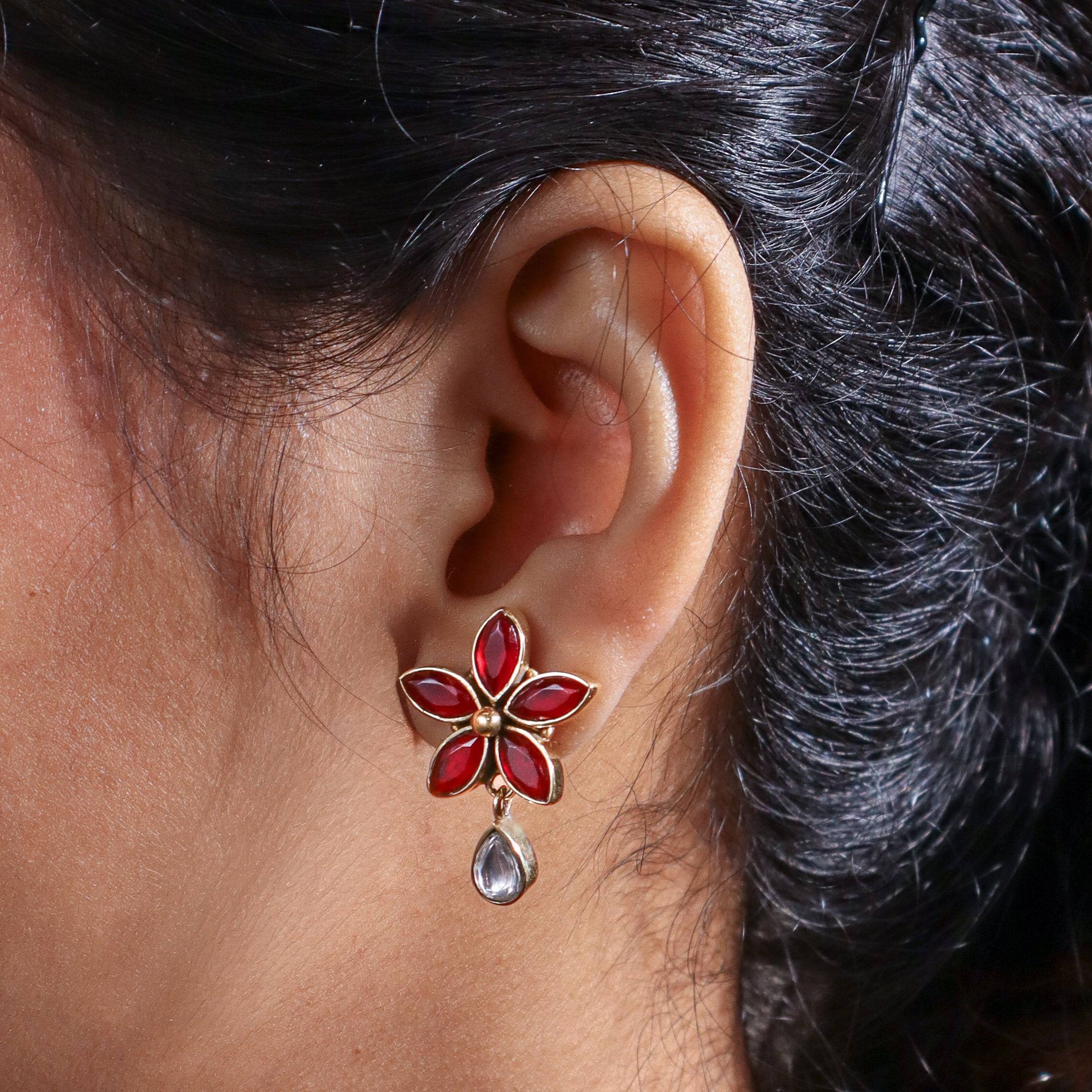 Model wearing Brass Fashion Earrings for a stylish contemporary fashion jewellery look