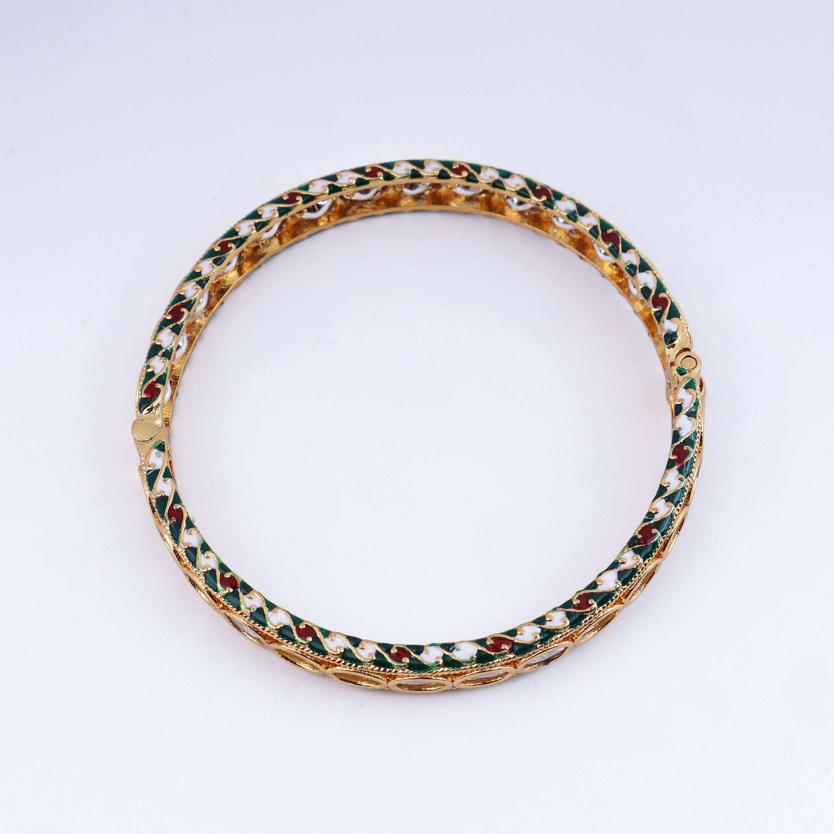 Detailed view of a 22K gold-plated fashion bangle (single) highlighting intricate motifs, textured detailing, and a premium 22K gold-plated finish
