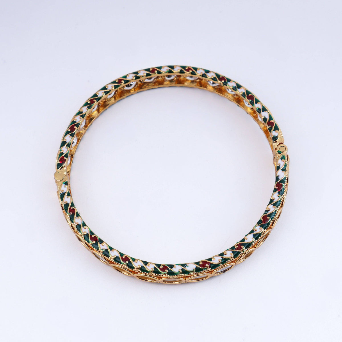 Detailed view of a 22K gold-plated fashion bangle (single) highlighting intricate motifs, textured detailing, and a premium 22K gold-plated finish