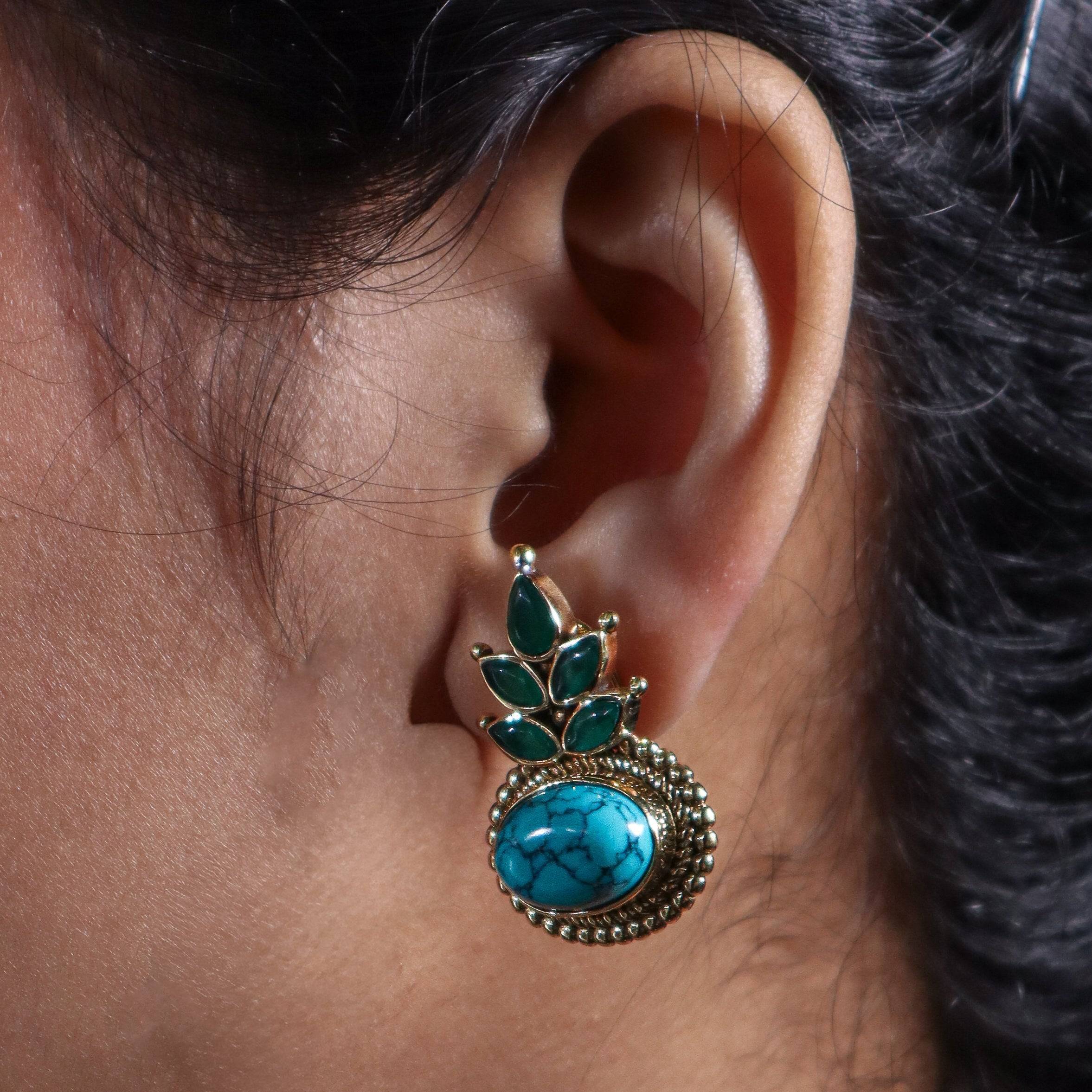 Model wearing Brass Fashion Earrings for a stylish and contemporary fashion jewellery look