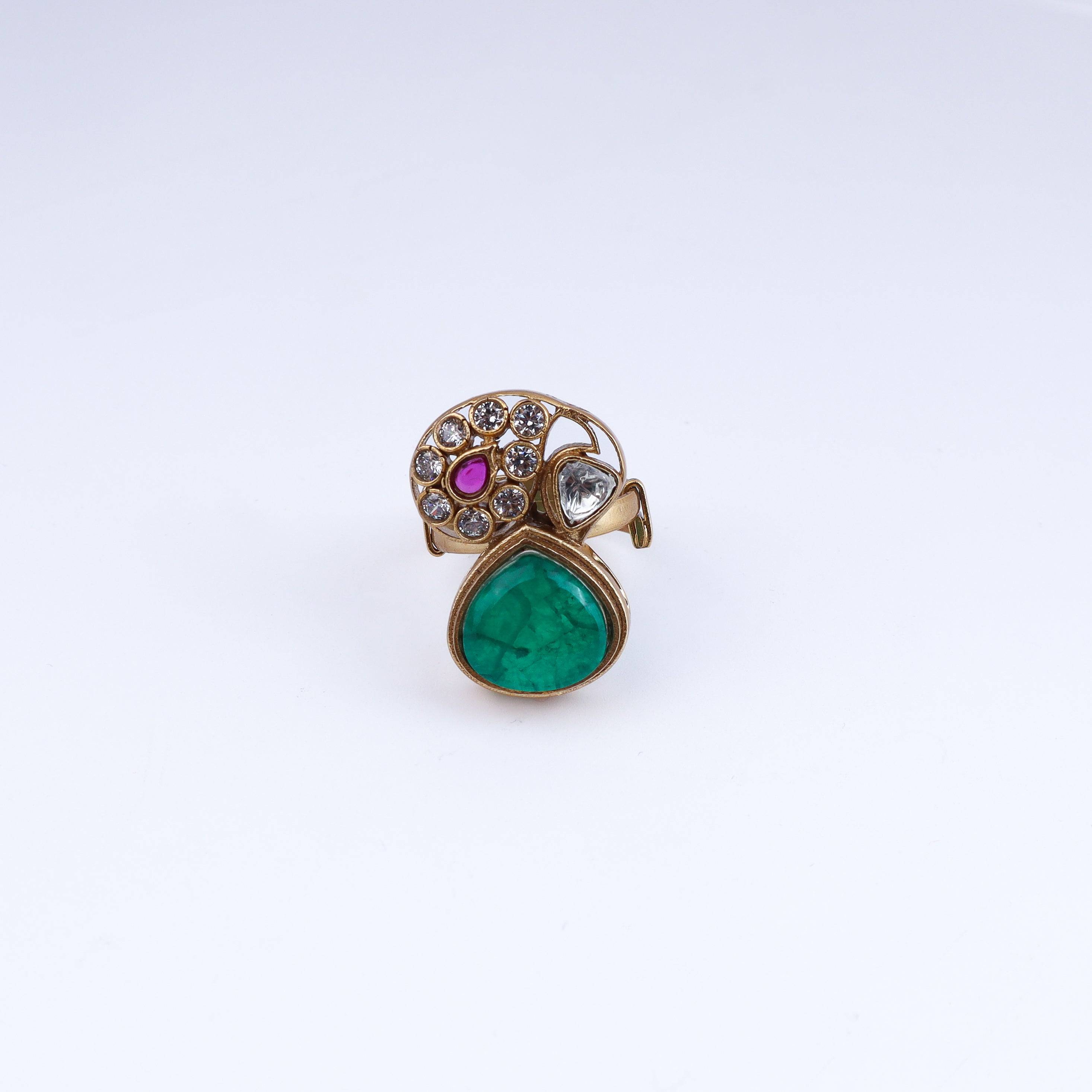 Angled view of a 22K gold-plated fashion ring highlighting its elegant shape, structure, and polished gold finish
