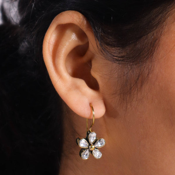 Model wearing Brass Fashion Earrings for a stylish and contemporary fashion jewellery look
