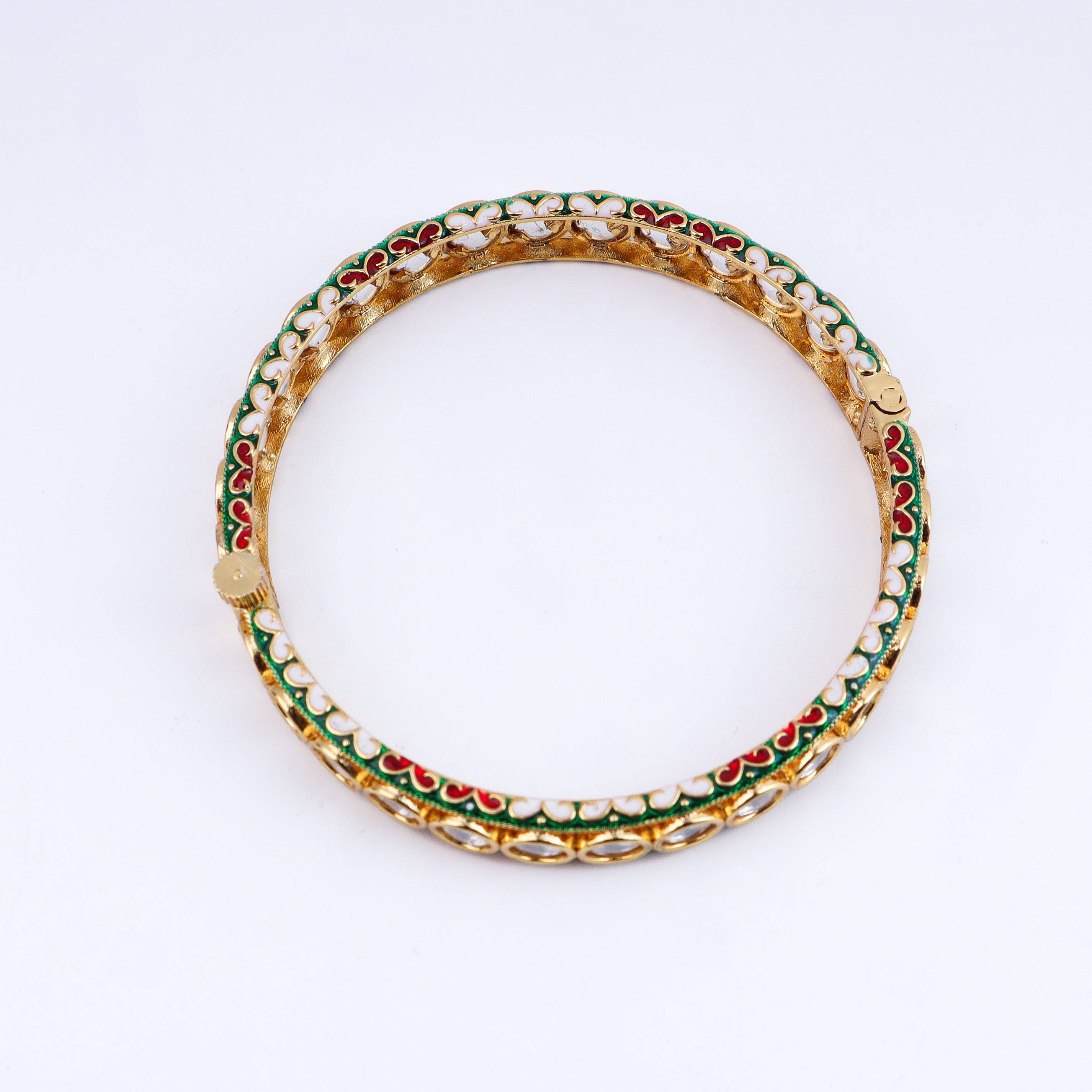 Detailed view of a 22K gold-plated fashion bangle (single) highlighting intricate motifs, textured detailing, and premium 22K gold plating