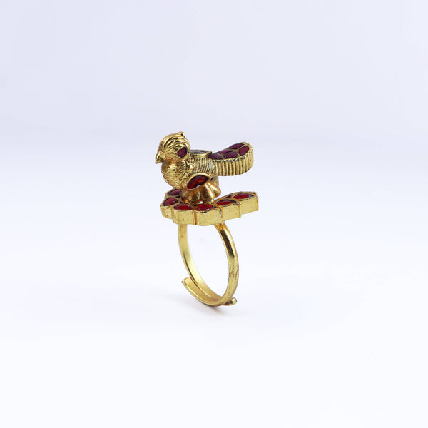 Detailed view of a 22K gold-plated fashion ring highlighting intricate motifs, textured detailing, and a premium 22K gold-plated finish