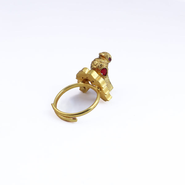 Angled view of a 22K gold-plated fashion ring highlighting its elegant shape, unique structure, and polished gold finish