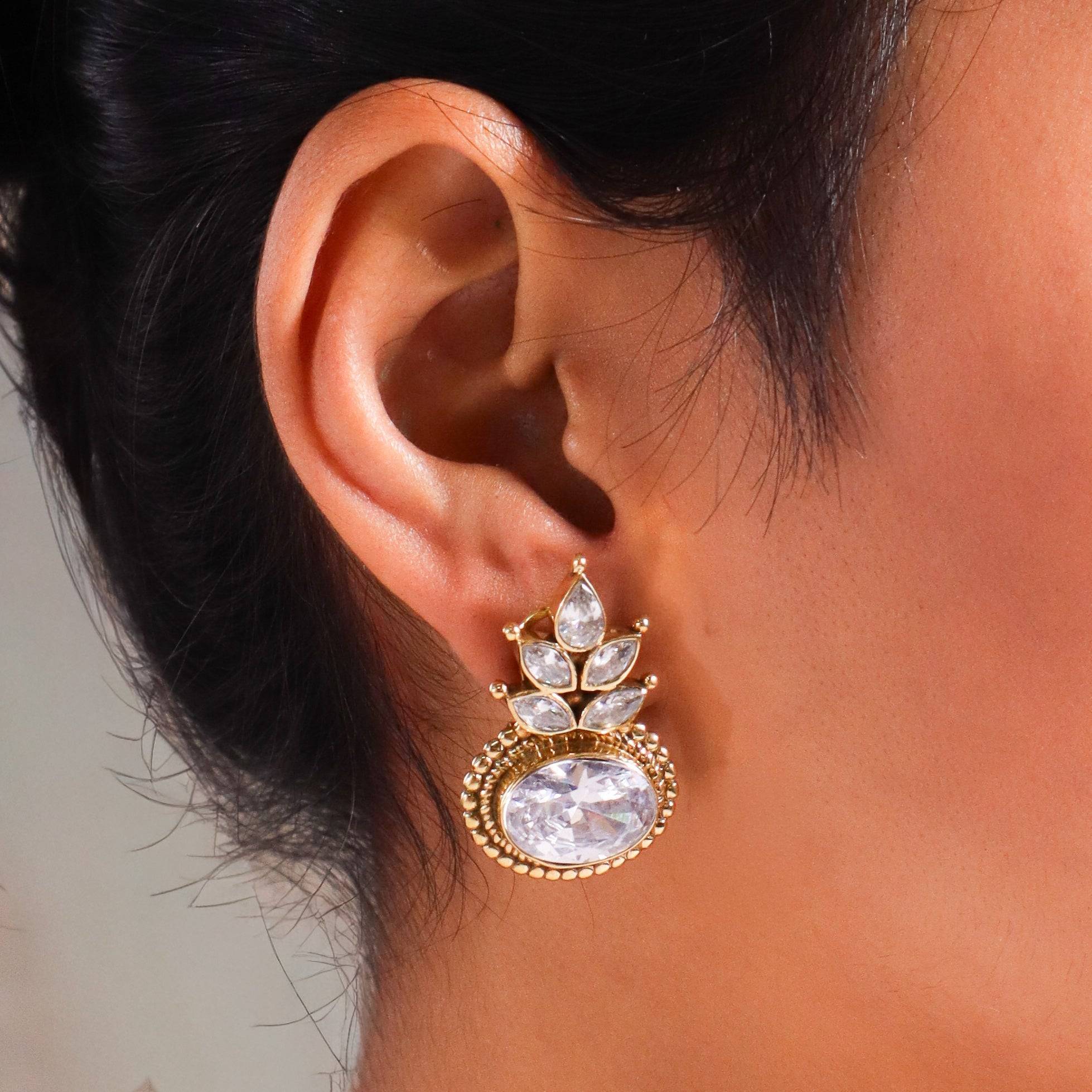 Model wearing Brass Fashion Earrings for a stylish and contemporary fashion jewellery look