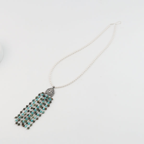 Close-up of Luxe Necklace with larimar, Swarovski pearls and unakite