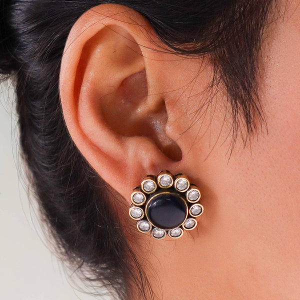 Model wearing Brass Fashion Earrings for a stylish and contemporary fashion jewellery look