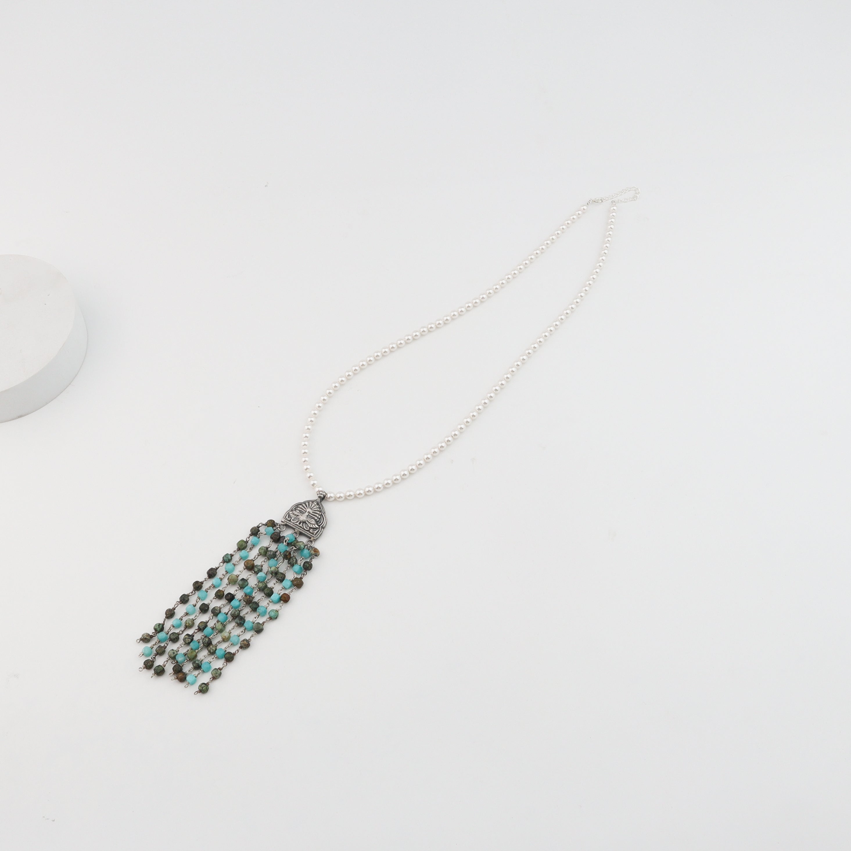 Luxe Necklace Larimar and Swarovski Pearls Unakite stones